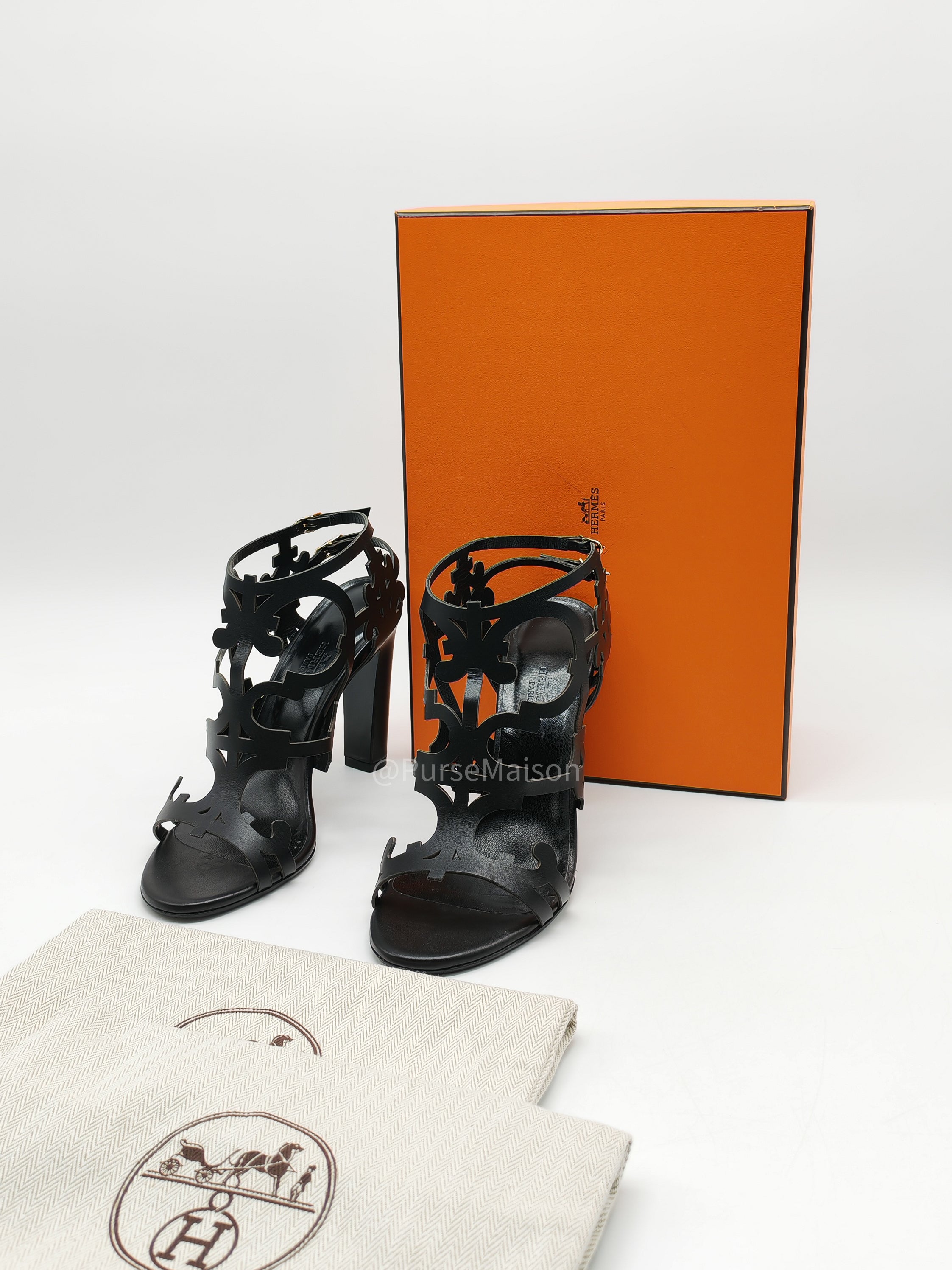 Hermes Keira Ankle Sandals in Black Calfskin Leather Size 37 (24 cm)