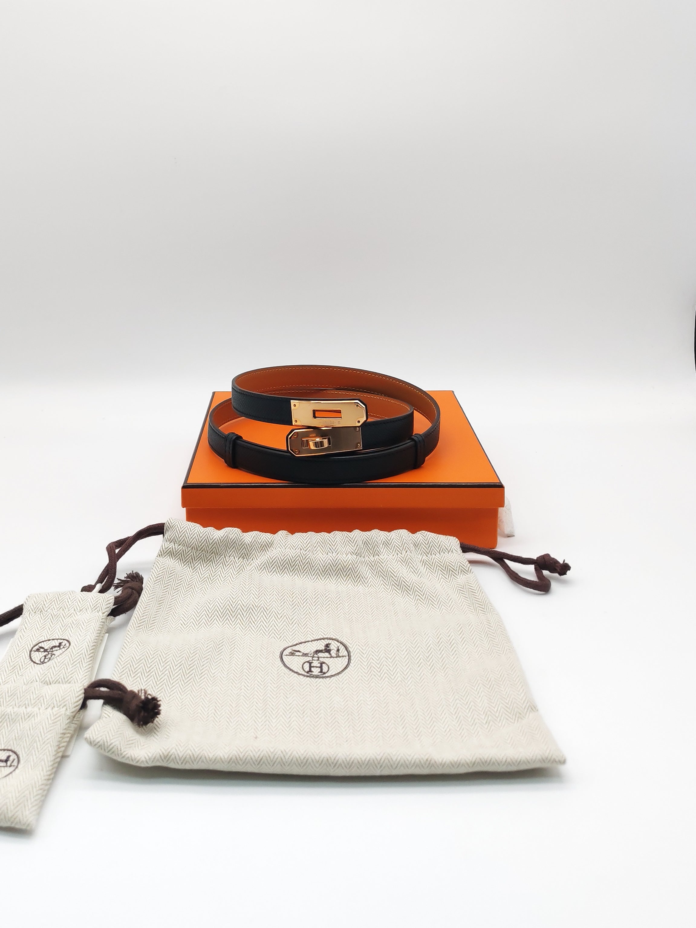 Hermes Kelly Belt in Black Epsom Leather Rose Gold Hardware Stamp W(2024)