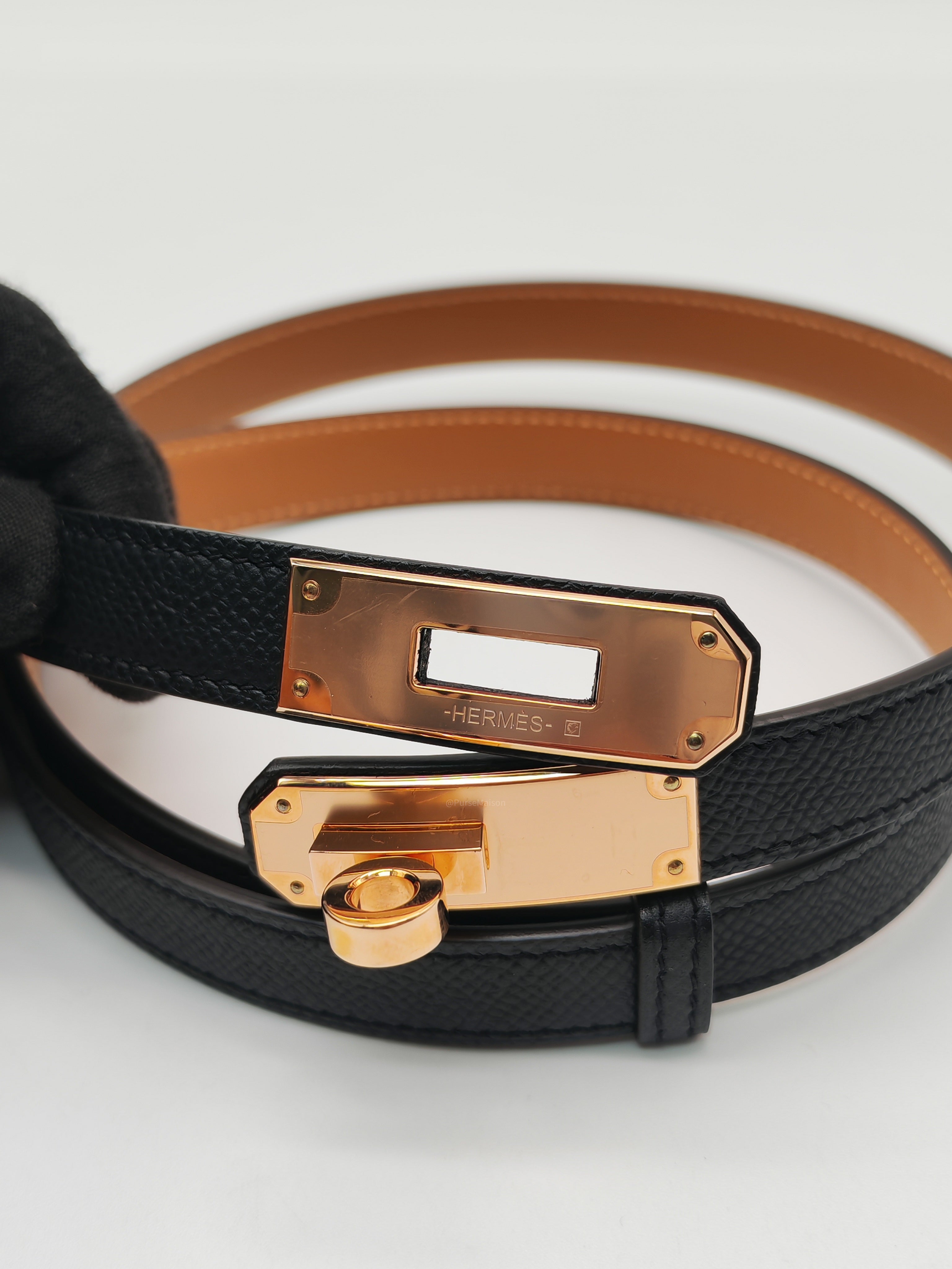 Hermes Kelly Belt in Black Epsom Leather Rose Gold Hardware Stamp W(2024)