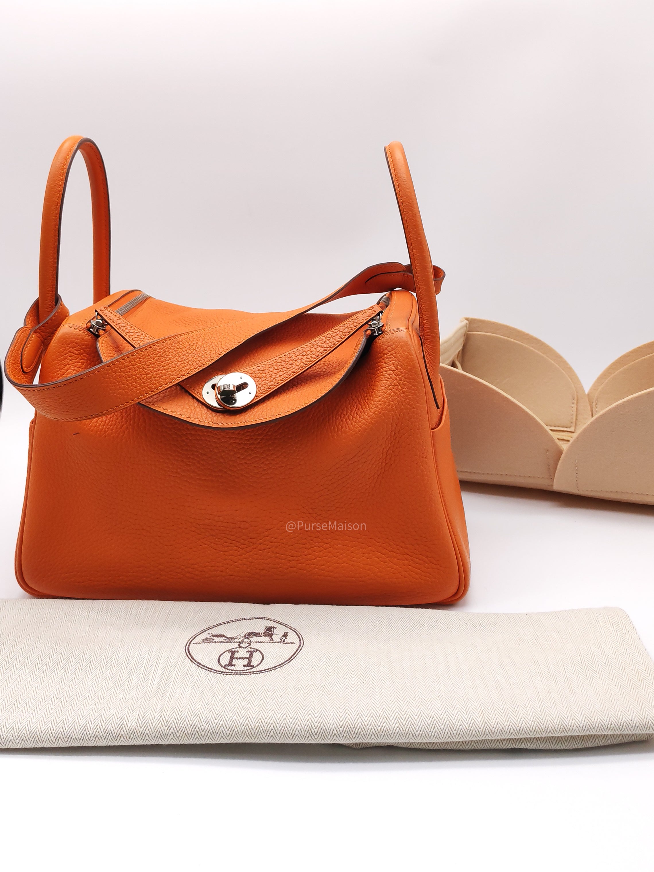 Hermes Lindy 30 in Orange Clemence Leather Palladium Hardware Stamp O Square(2011)