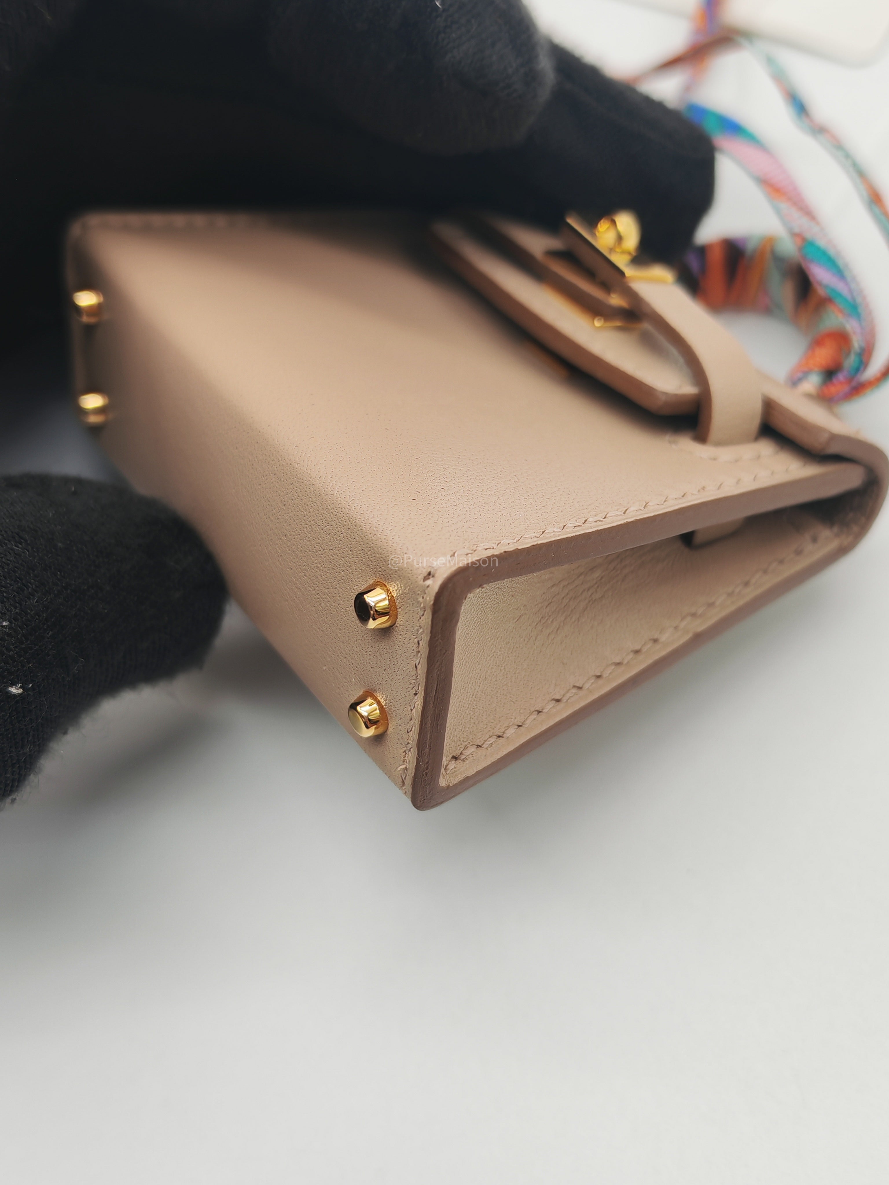 Hermès Mini Kelly Twilly Bag Charm in Argile Tadelakt Leather Gold Hardware Stamp Z(2021)