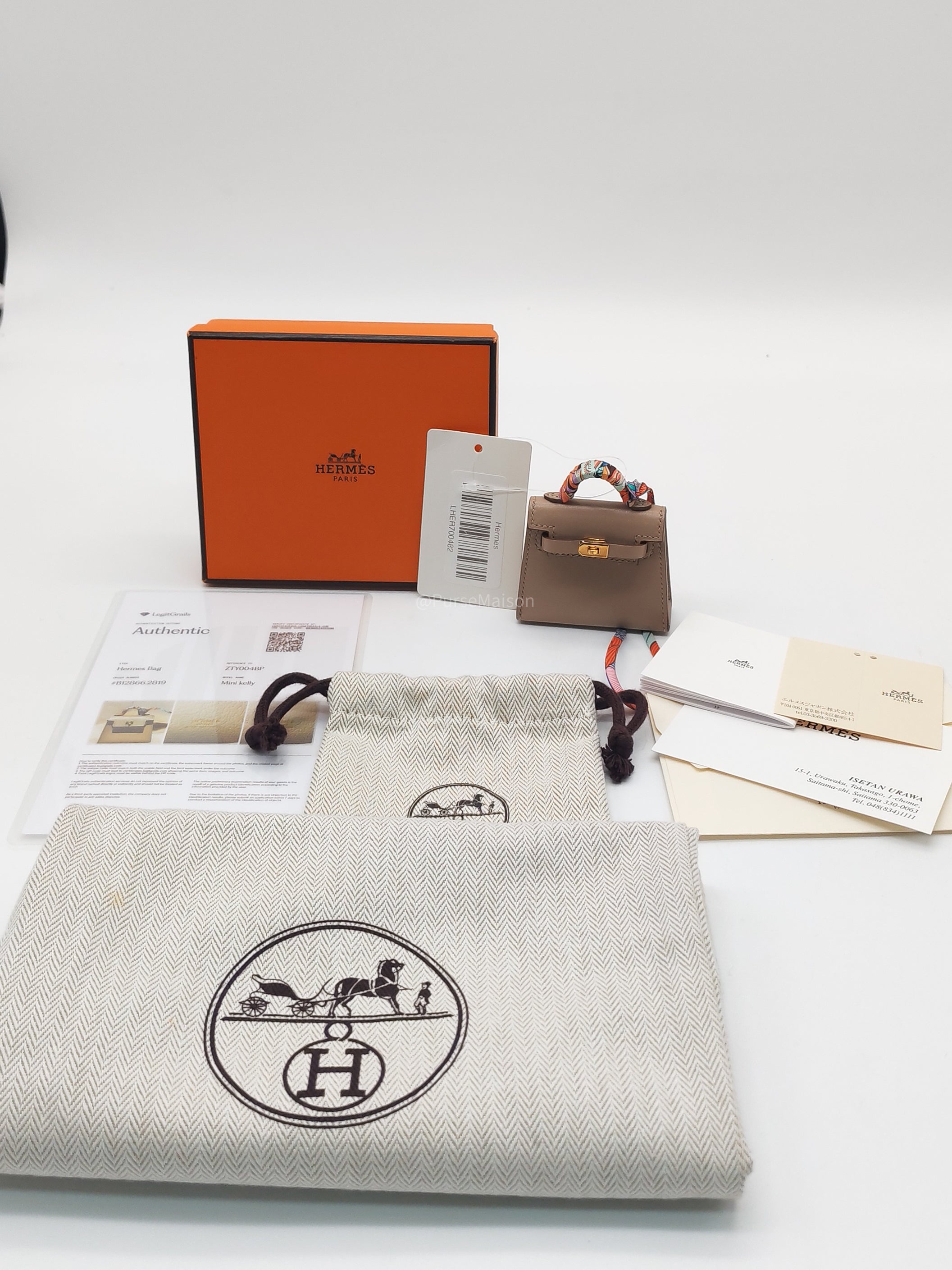 Hermès Mini Kelly Twilly Bag Charm in Argile Tadelakt Leather Gold Hardware Stamp Z(2021)