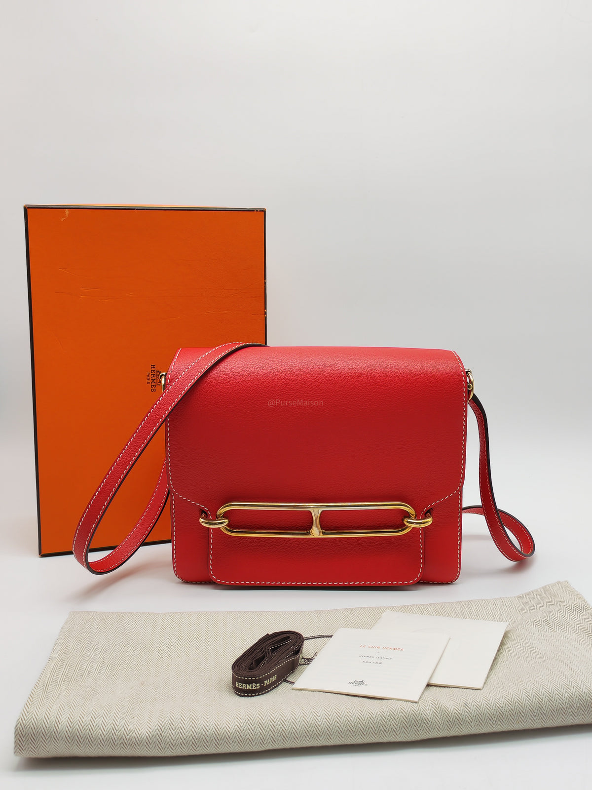 Hermes Roulis 23 in Geranium Evercolor Leather and Gold Hardware Stamp D (2019)