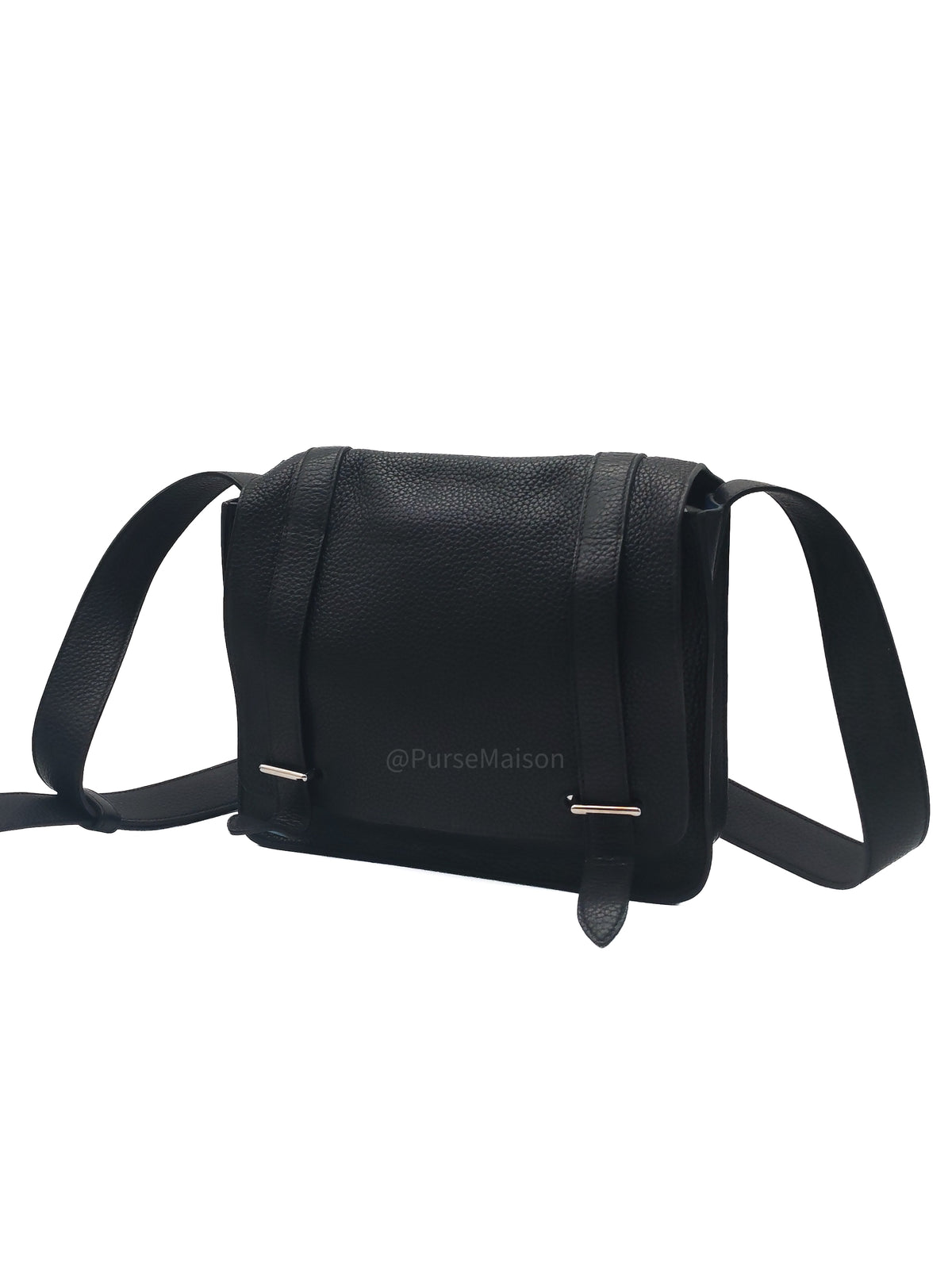 Hermes Steve Messenger Bag in Noir Taurillon Clemence Leather and Palladium Hardware Stamp Square Q (2013) | Purse Maison Luxury Bags Shop
