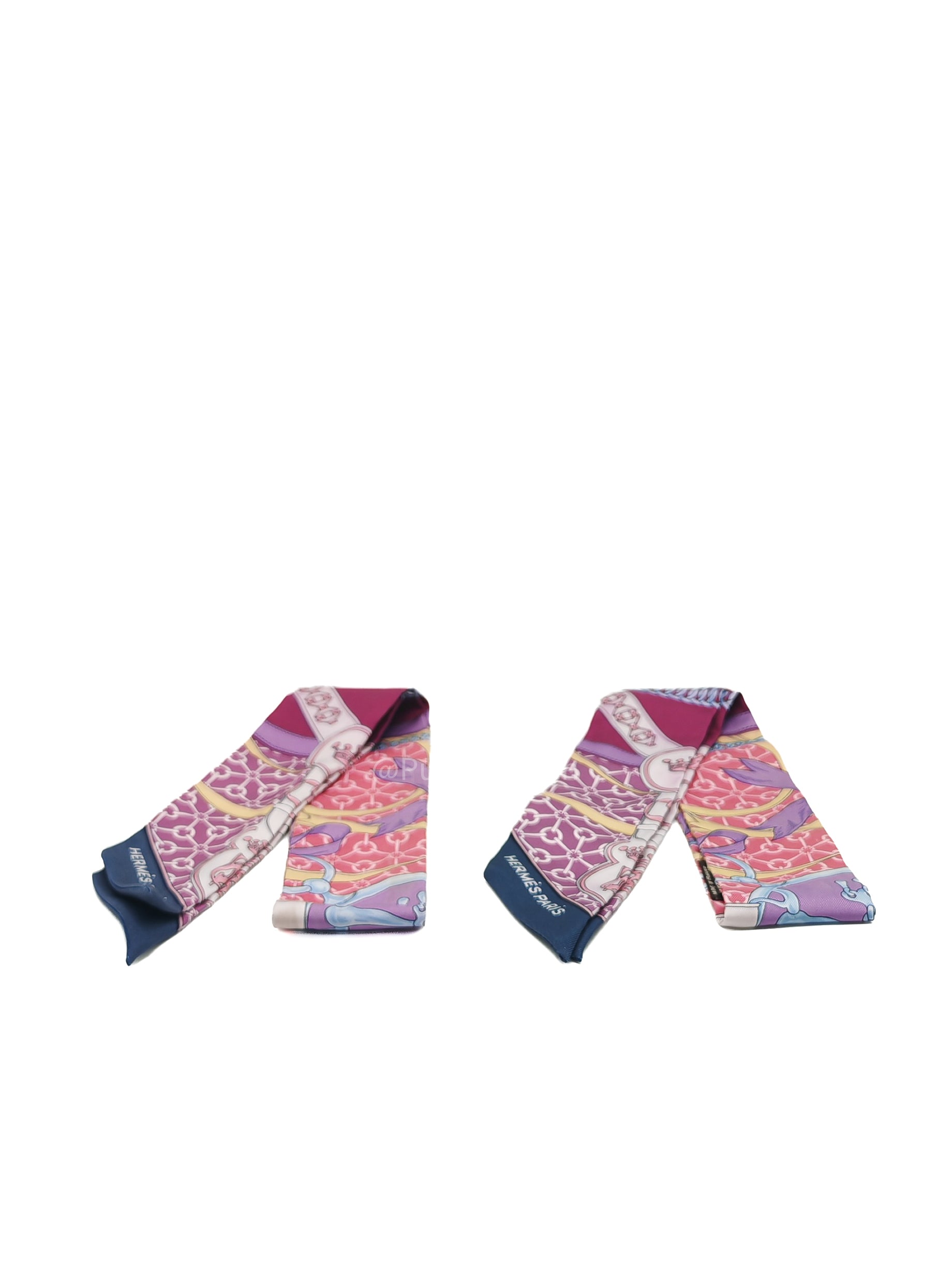 Hermes La Promenade Du Matin Rose, Mauve Silk Twilly (Pair)