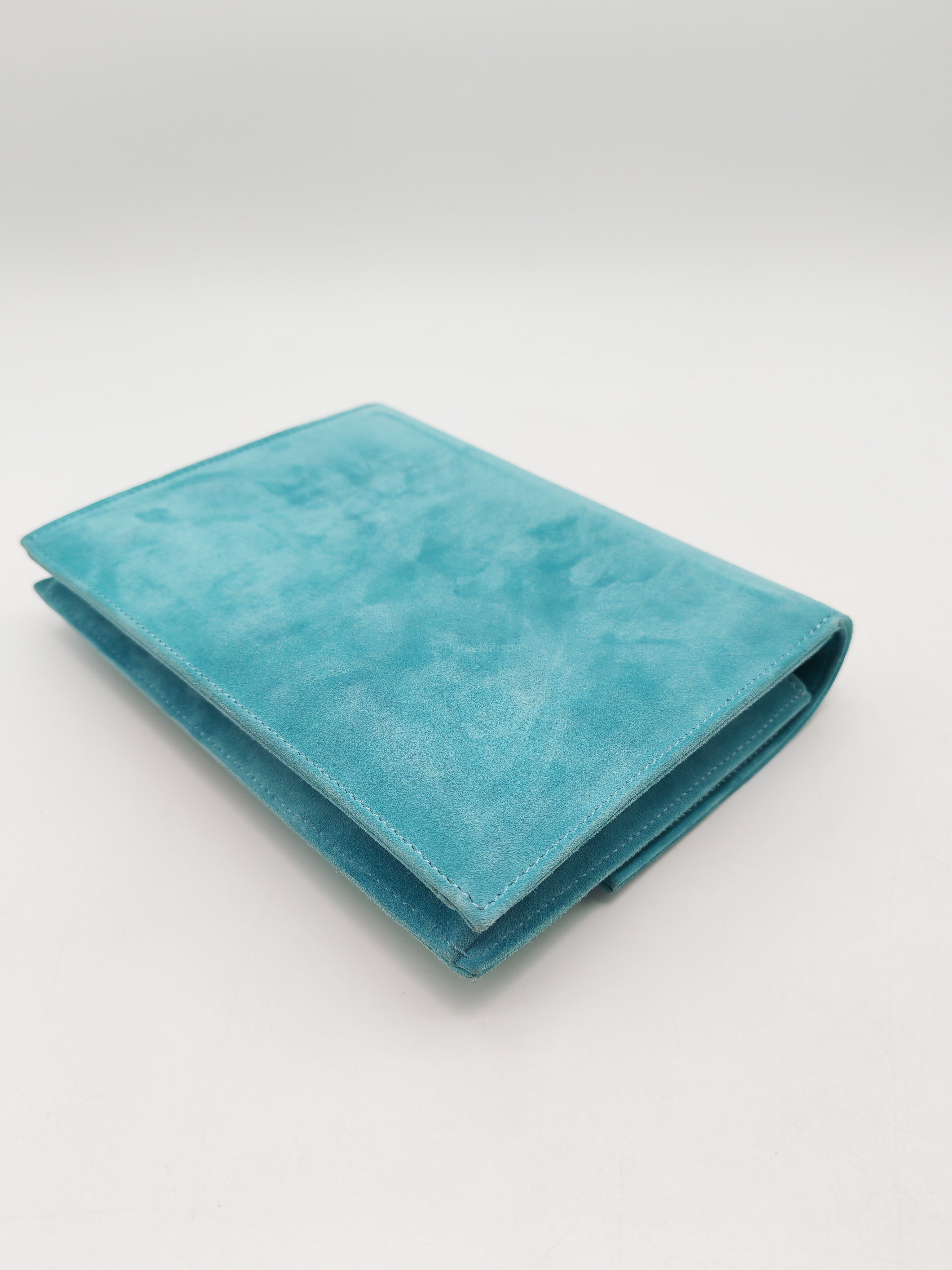 Hermes Doblis Mini Verrou Clutch Bag in Blue Atoll Suede Leather and Palladium Hardware Stamp X (2016)