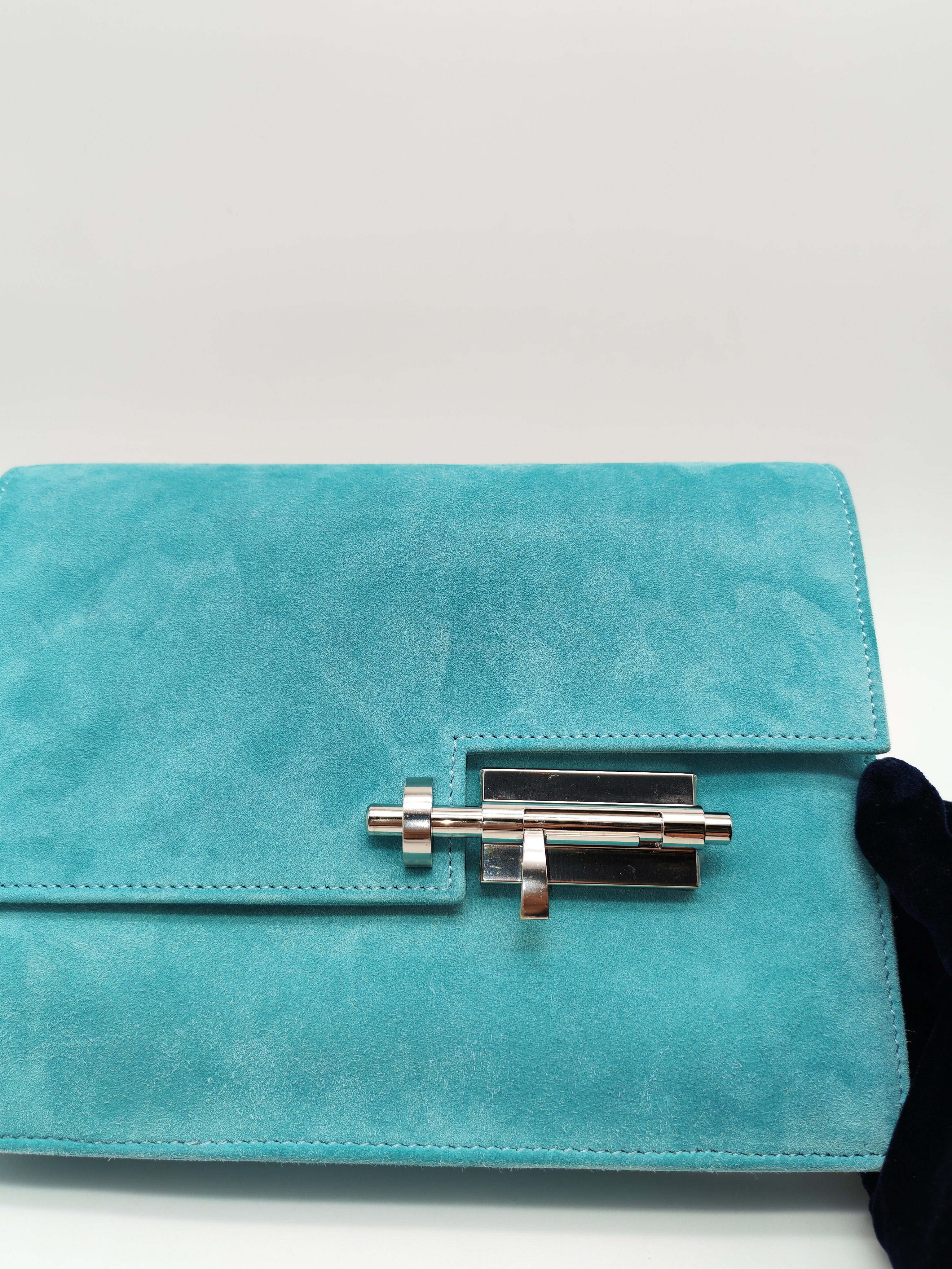 Hermes Doblis Mini Verrou Clutch Bag in Blue Atoll Suede Leather and Palladium Hardware Stamp X (2016)