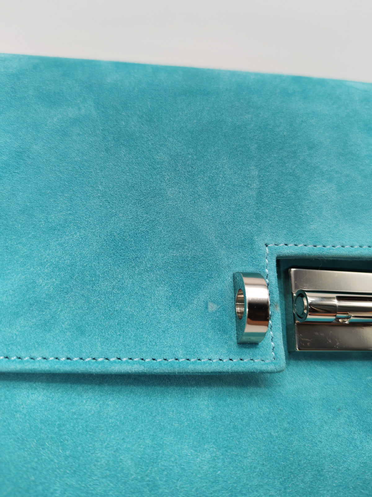 Hermes Doblis Mini Verrou Clutch Bag in Blue Atoll Suede Leather and Palladium Hardware Stamp X (2016)