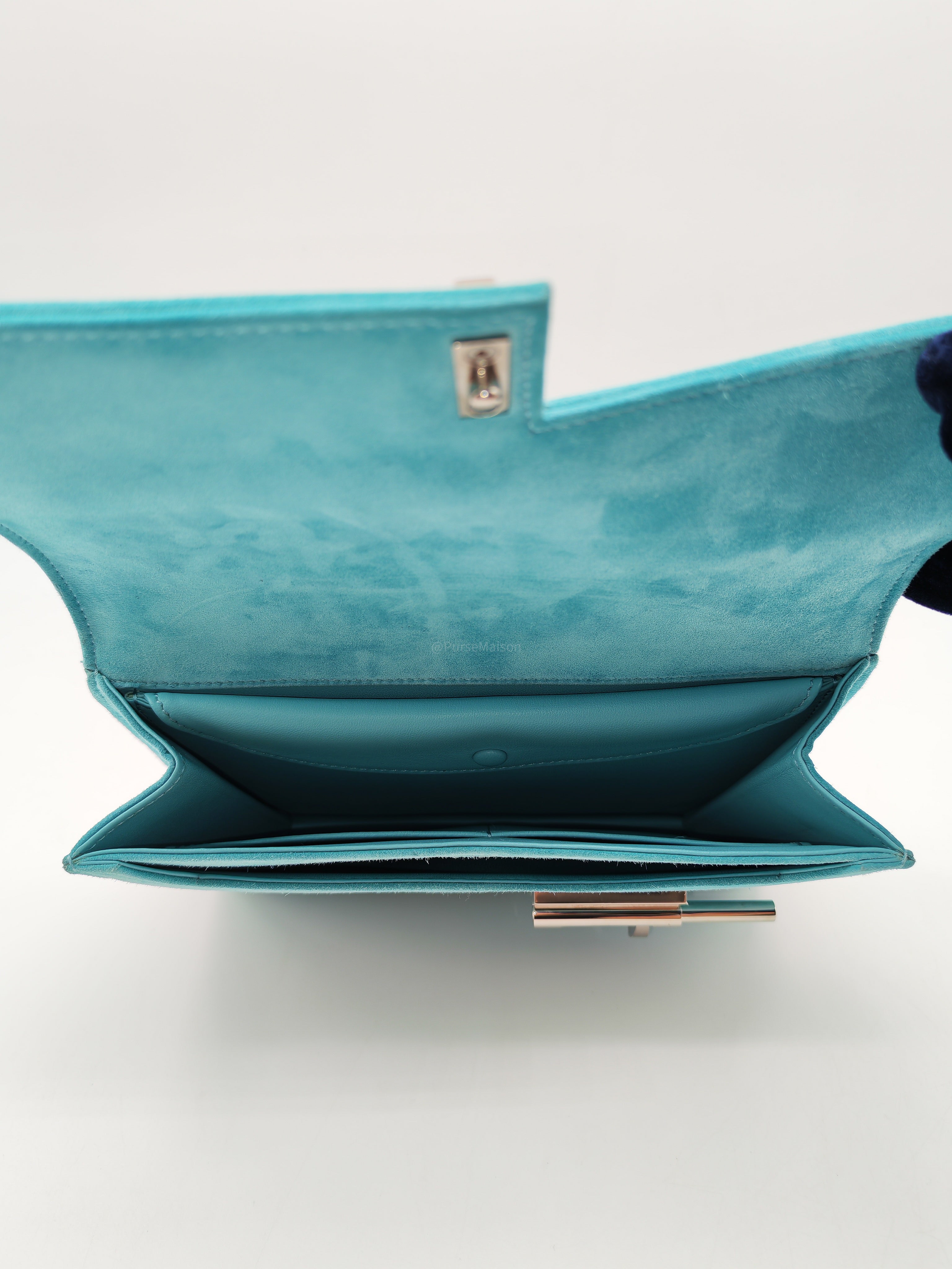 Hermes Doblis Mini Verrou Clutch Bag in Blue Atoll Suede Leather and Palladium Hardware Stamp X (2016)