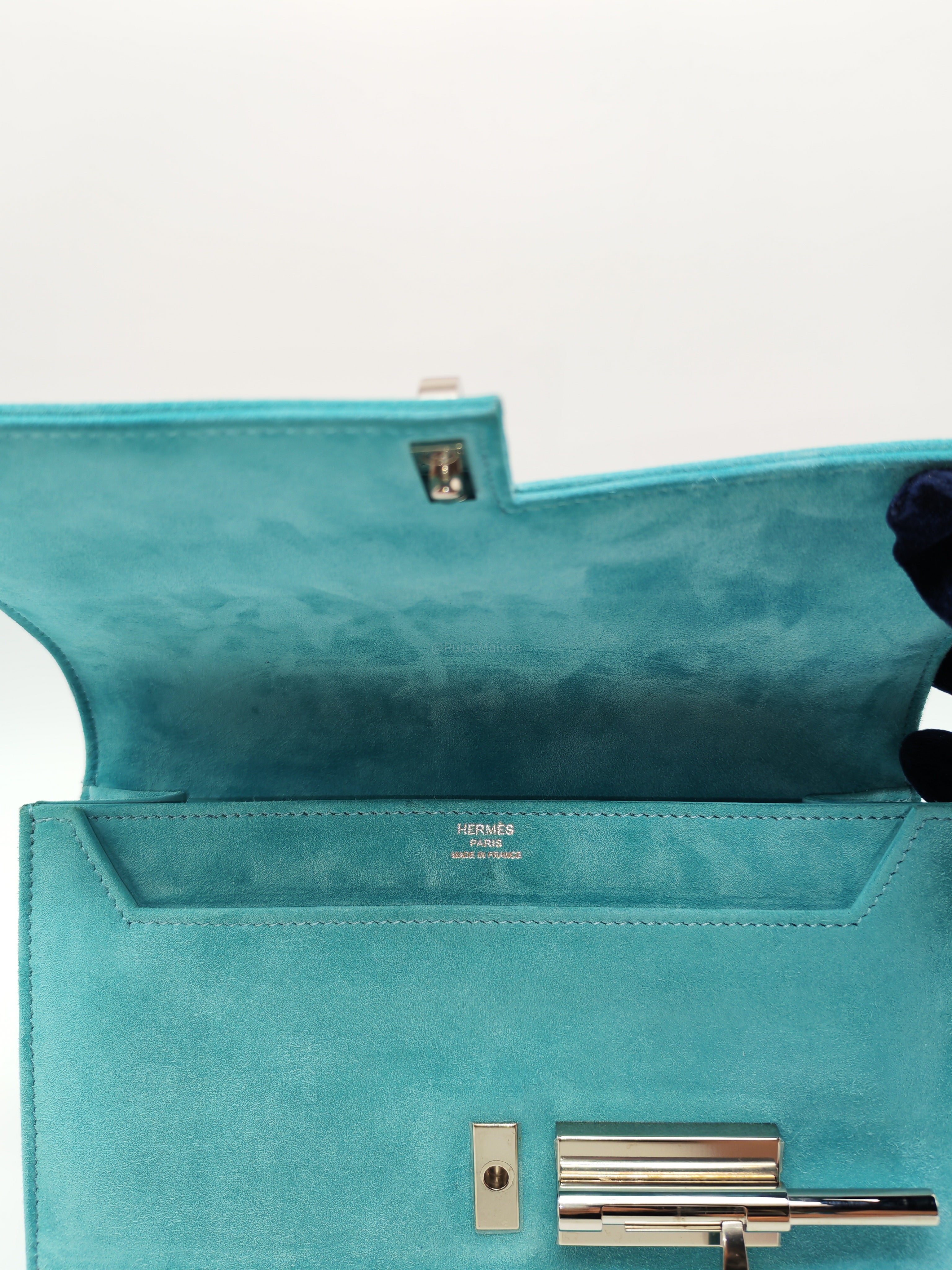 Hermes Doblis Mini Verrou Clutch Bag in Blue Atoll Suede Leather and Palladium Hardware Stamp X (2016)