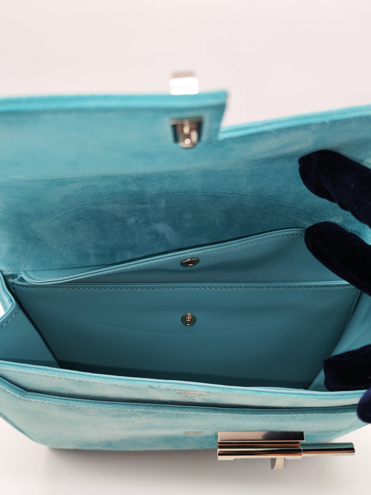 Hermes Doblis Mini Verrou Clutch Bag in Blue Atoll Suede Leather and Palladium Hardware Stamp X (2016)