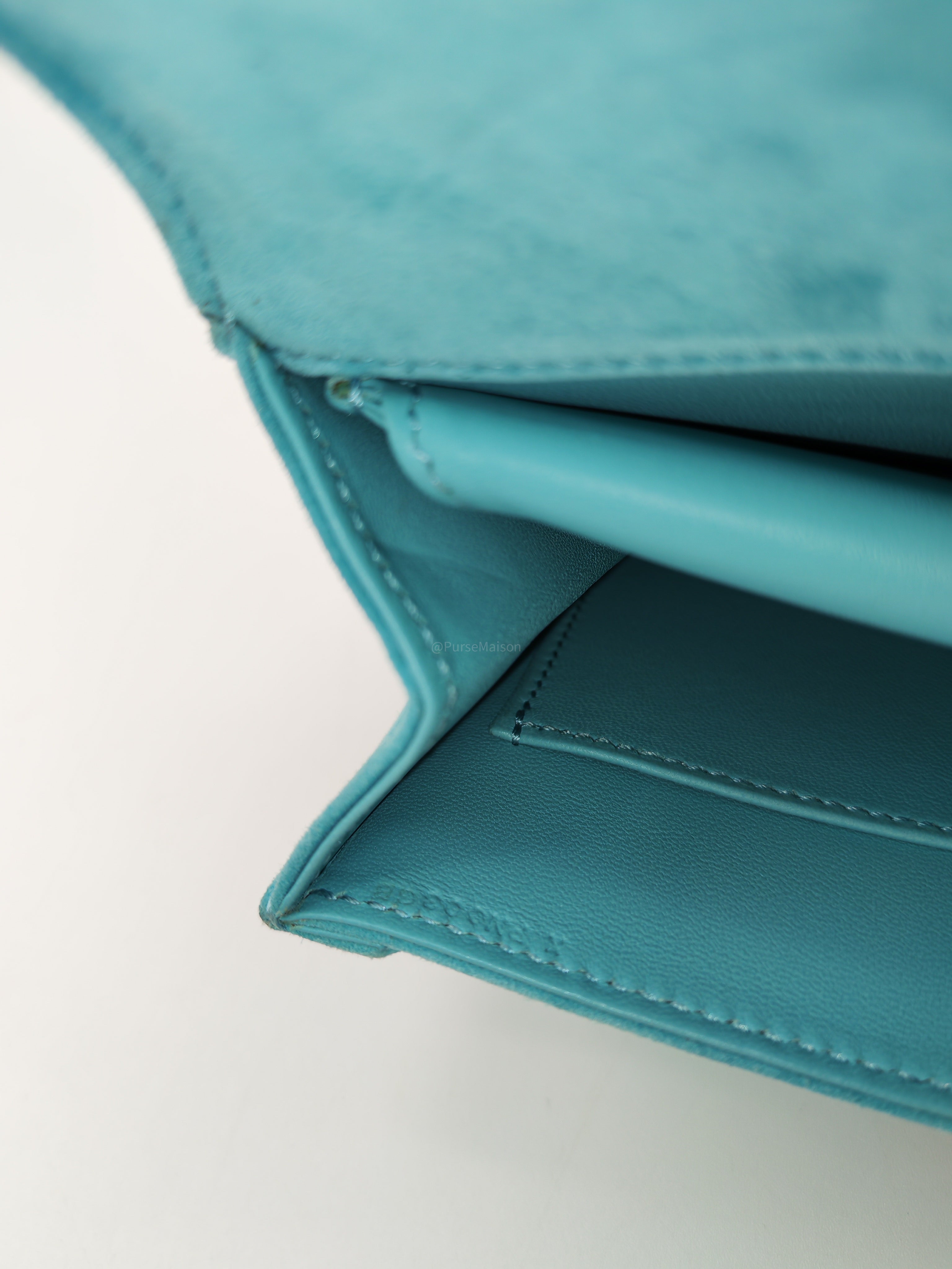 Hermes Doblis Mini Verrou Clutch Bag in Blue Atoll Suede Leather and Palladium Hardware Stamp X (2016)