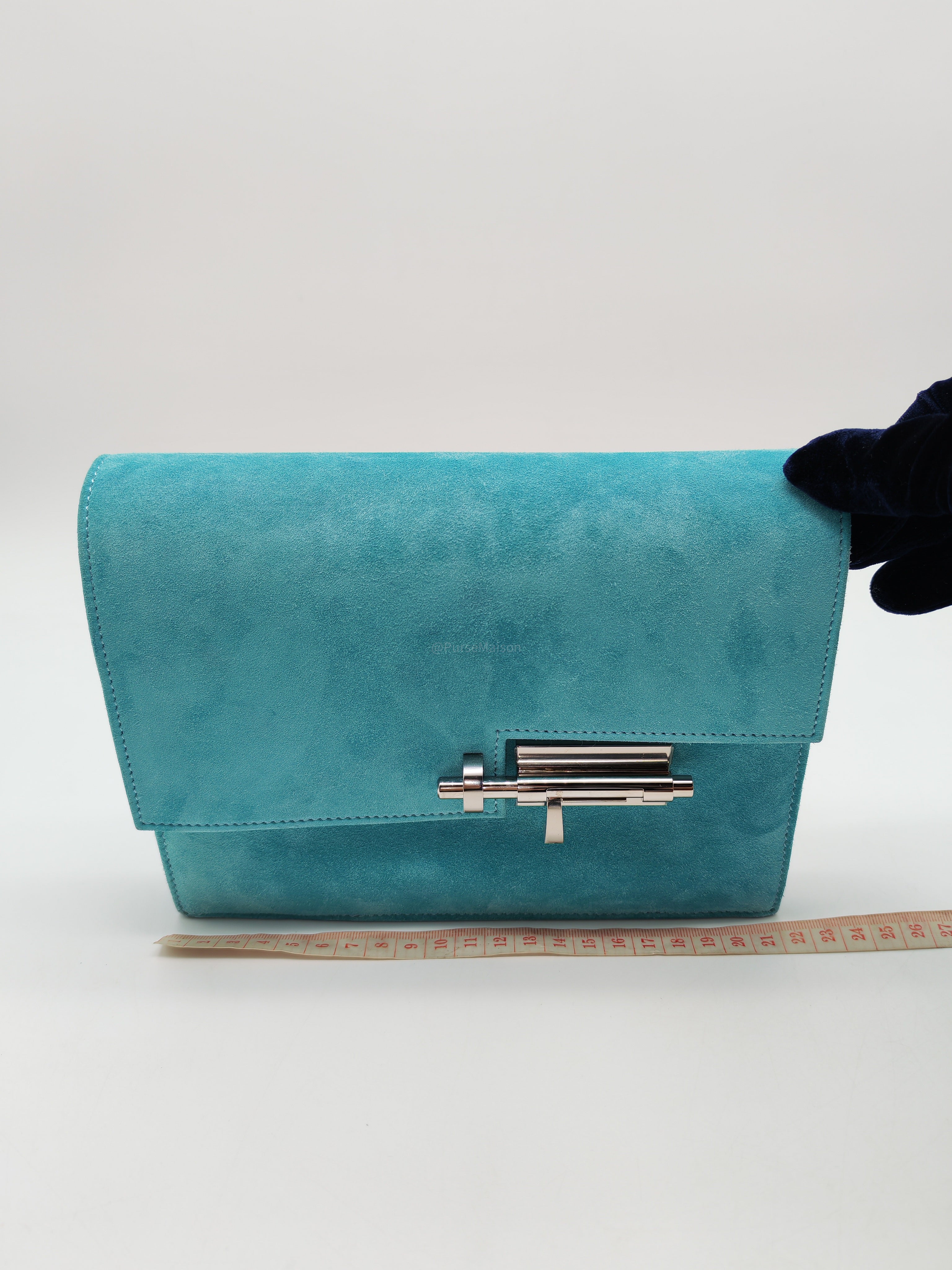 Hermes Doblis Mini Verrou Clutch Bag in Blue Atoll Suede Leather and Palladium Hardware Stamp X (2016)