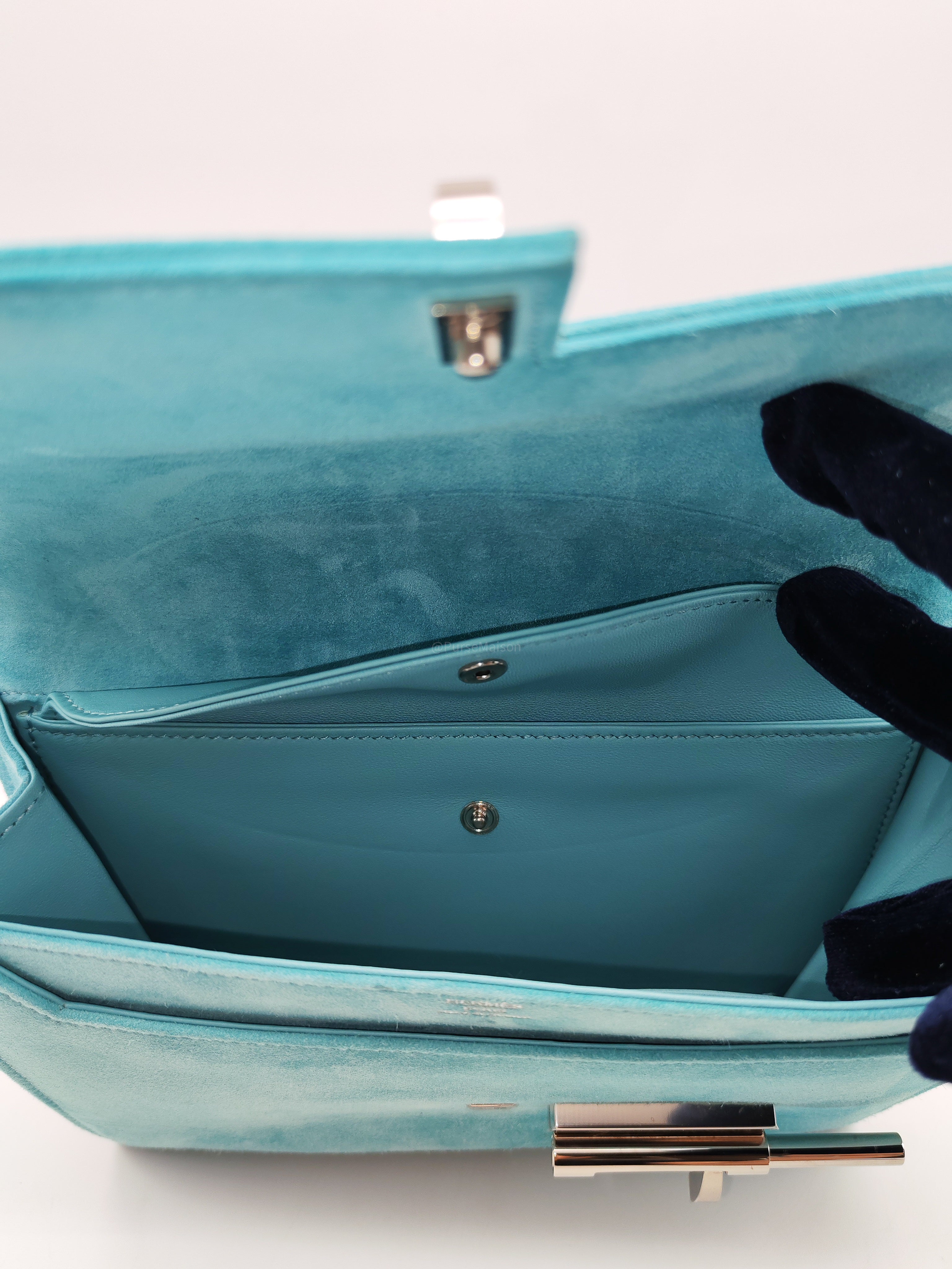 Hermes Doblis Mini Verrou Clutch Bag in Blue Atoll Suede Leather and Palladium Hardware Stamp X (2016)