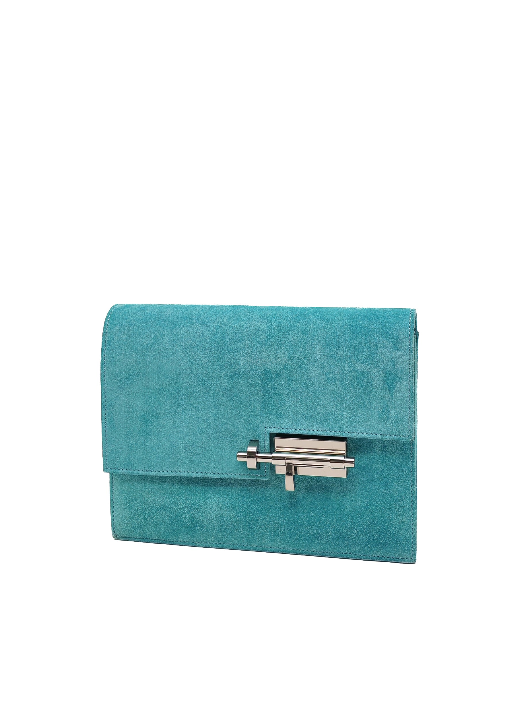Hermes Doblis Mini Verrou Clutch Bag in Blue Atoll Suede Leather and Palladium Hardware Stamp X (2016)