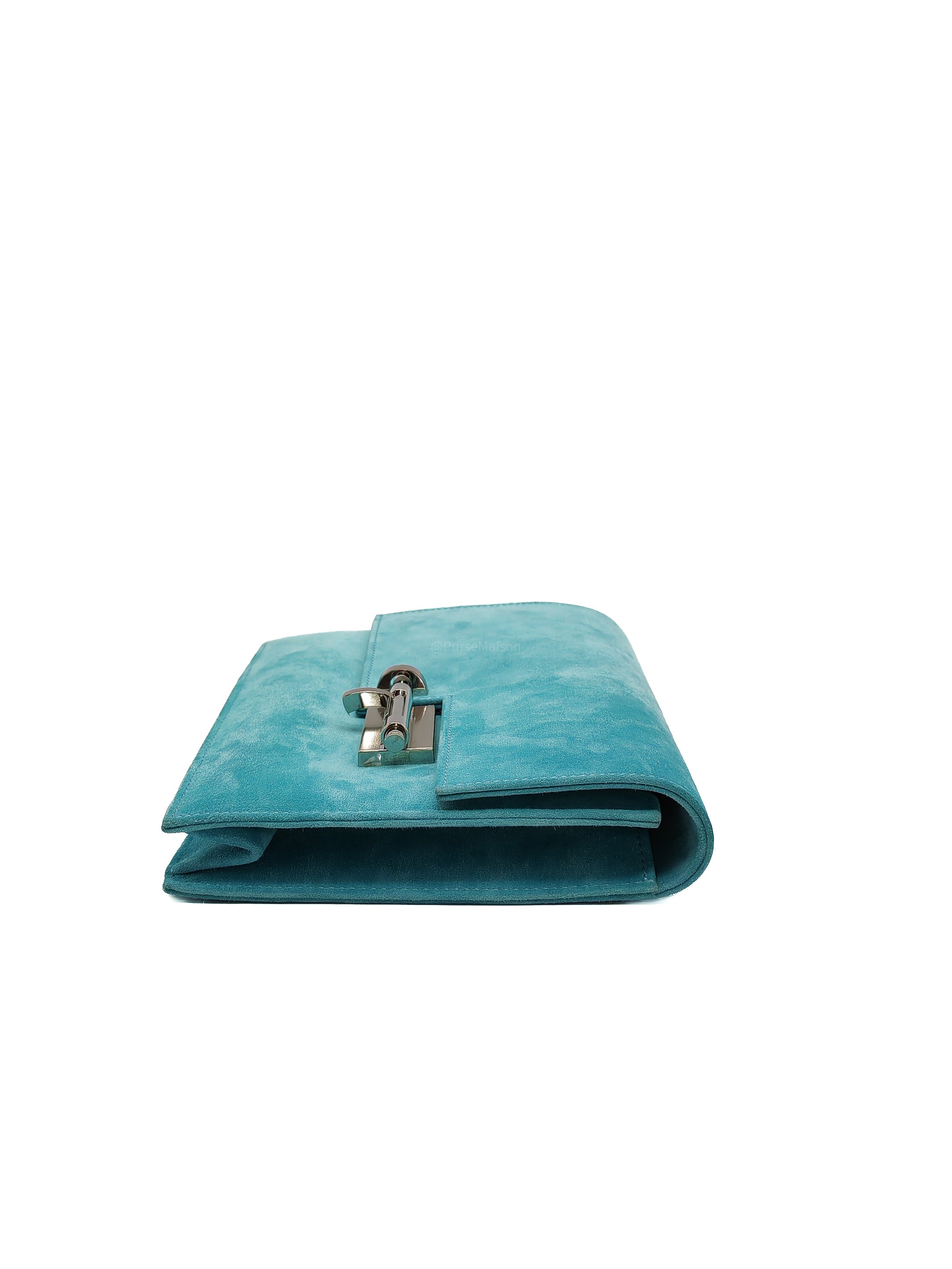 Hermes Doblis Mini Verrou Clutch Bag in Blue Atoll Suede Leather and Palladium Hardware Stamp X (2016)