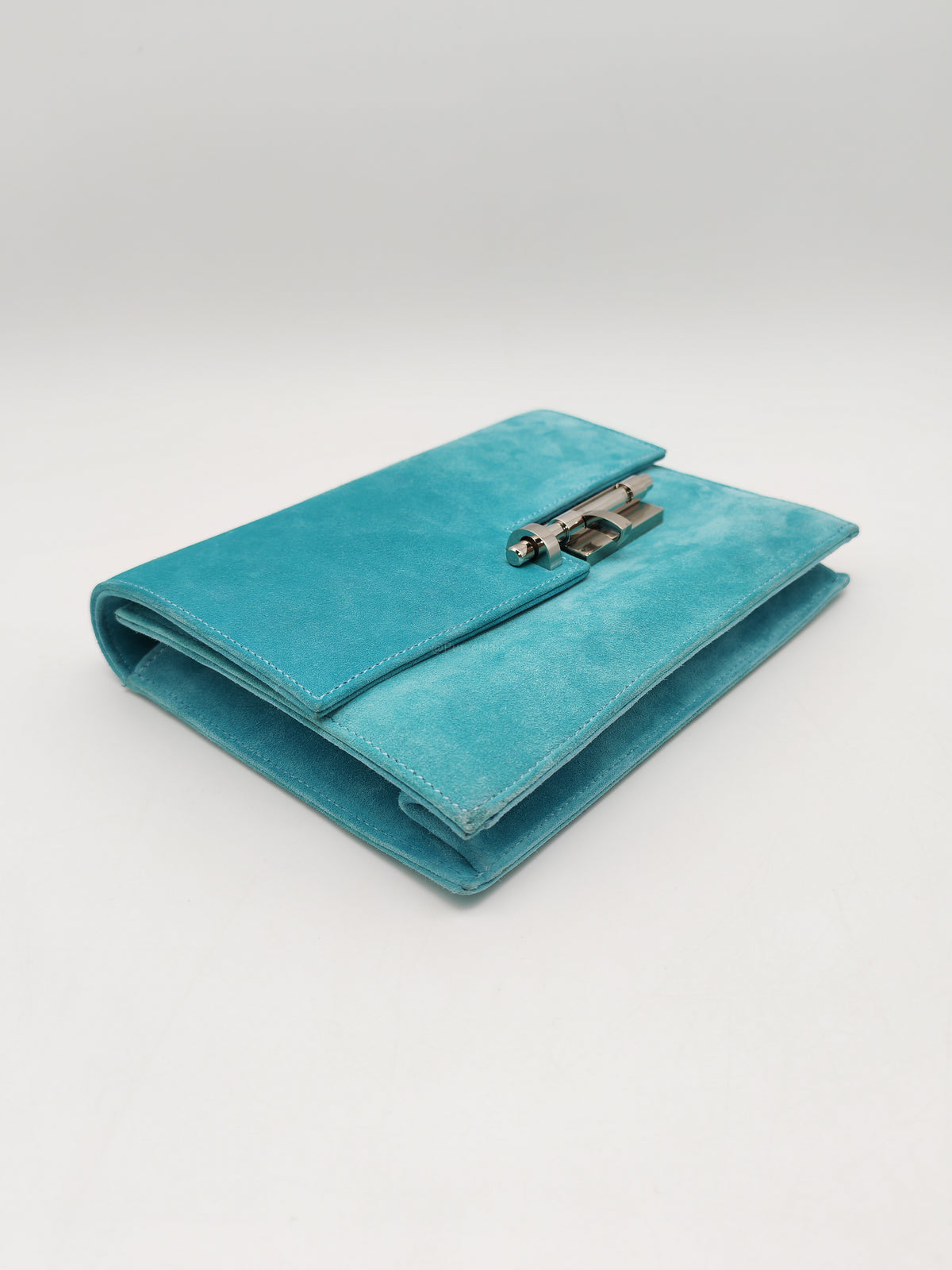 Hermes Doblis Mini Verrou Clutch Bag in Blue Atoll Suede Leather and Palladium Hardware Stamp X (2016)
