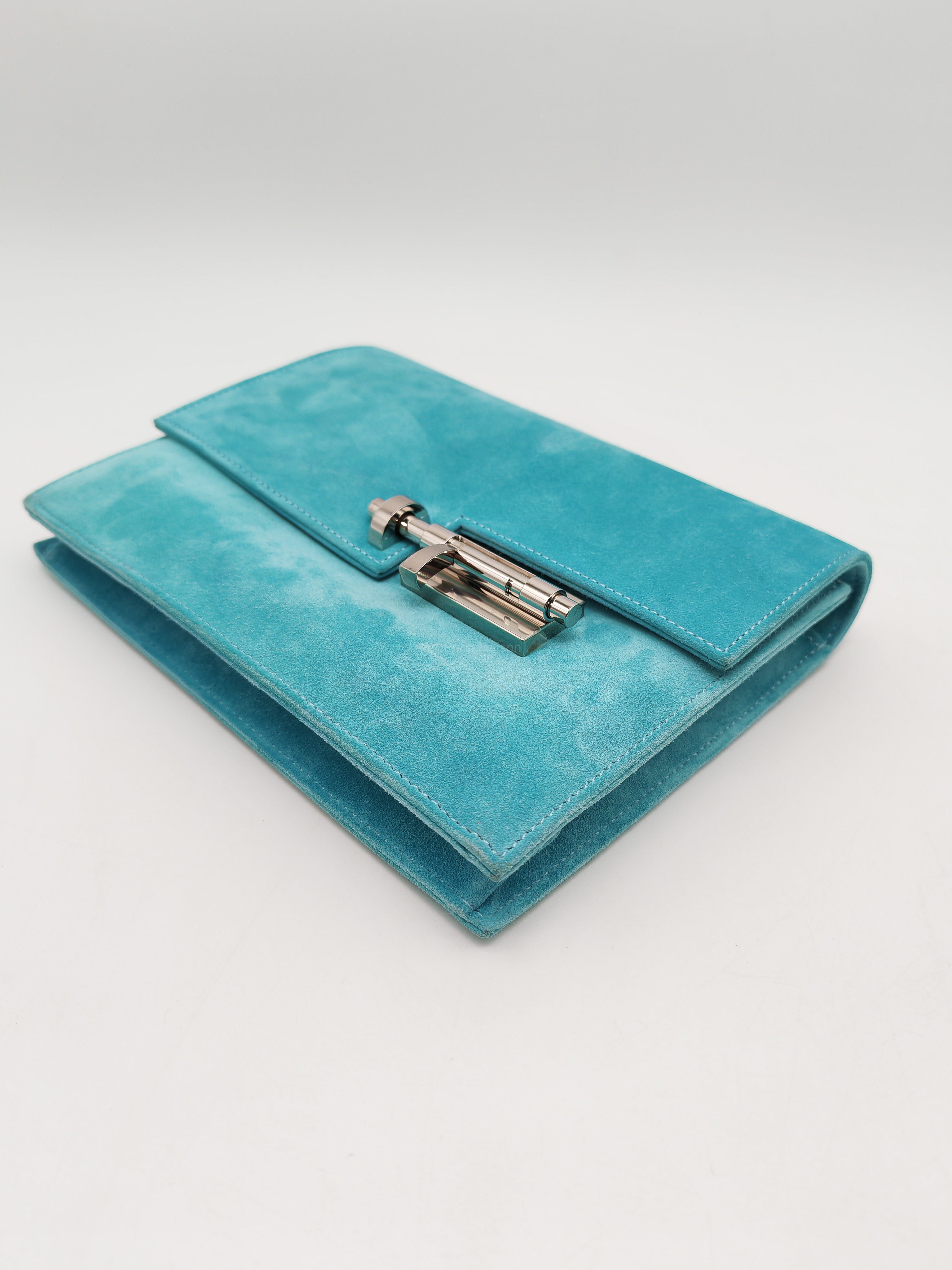 Hermes Doblis Mini Verrou Clutch Bag in Blue Atoll Suede Leather and Palladium Hardware Stamp X (2016)