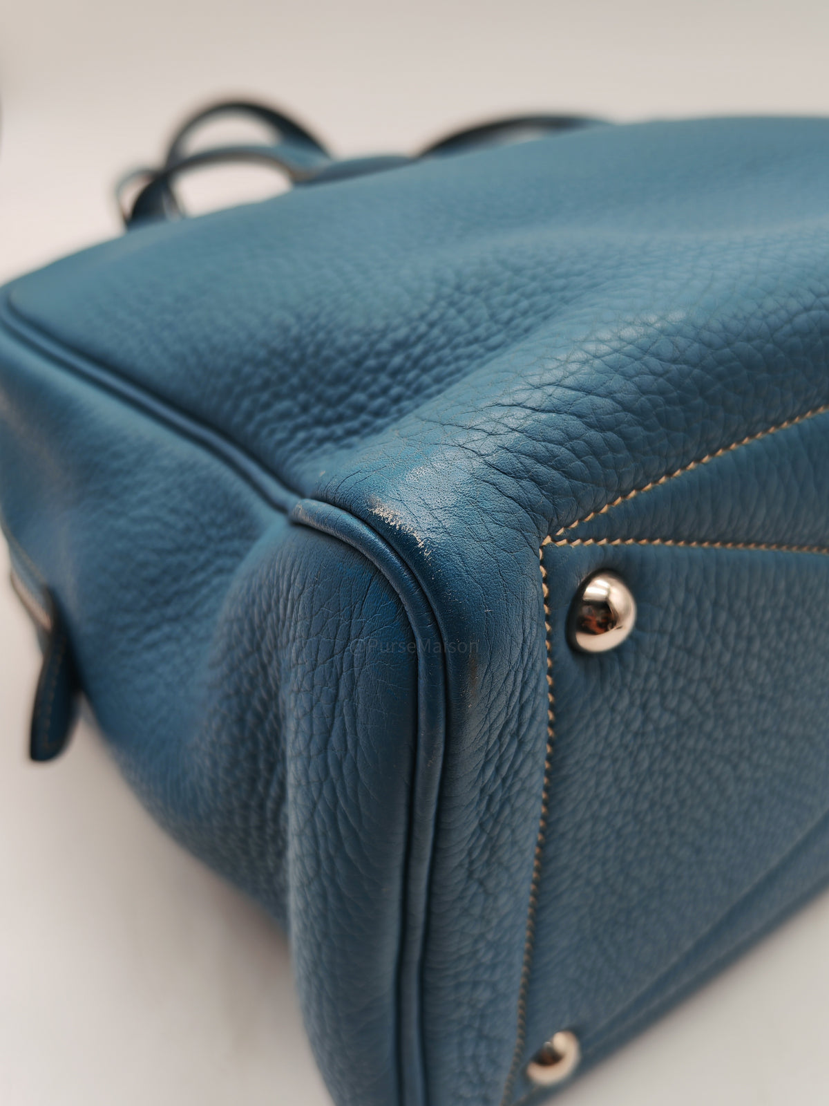 Hermes Victoria ll 35 Bag in Blue Jean Clemence Leather and Palladium Hardware Stamp Square K (2007)