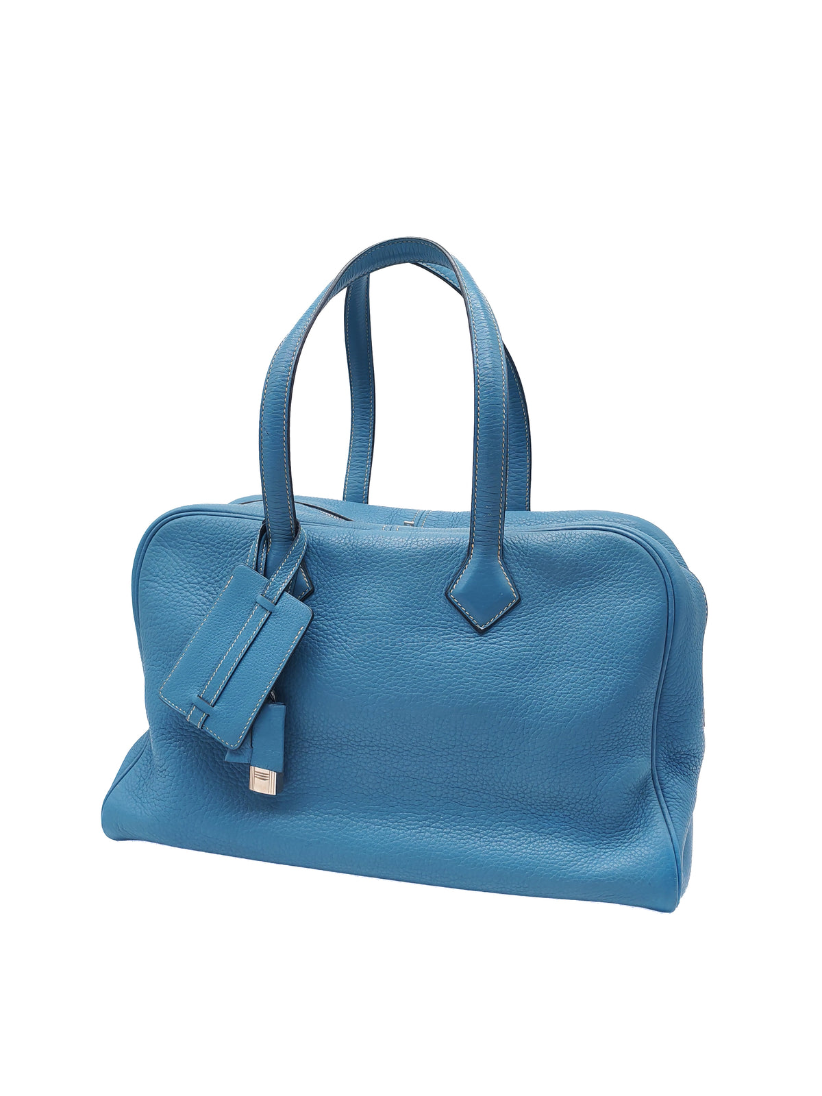 Hermes Victoria ll 35 Bag in Blue Jean Clemence Leather and Palladium Hardware Stamp Square K (2007)