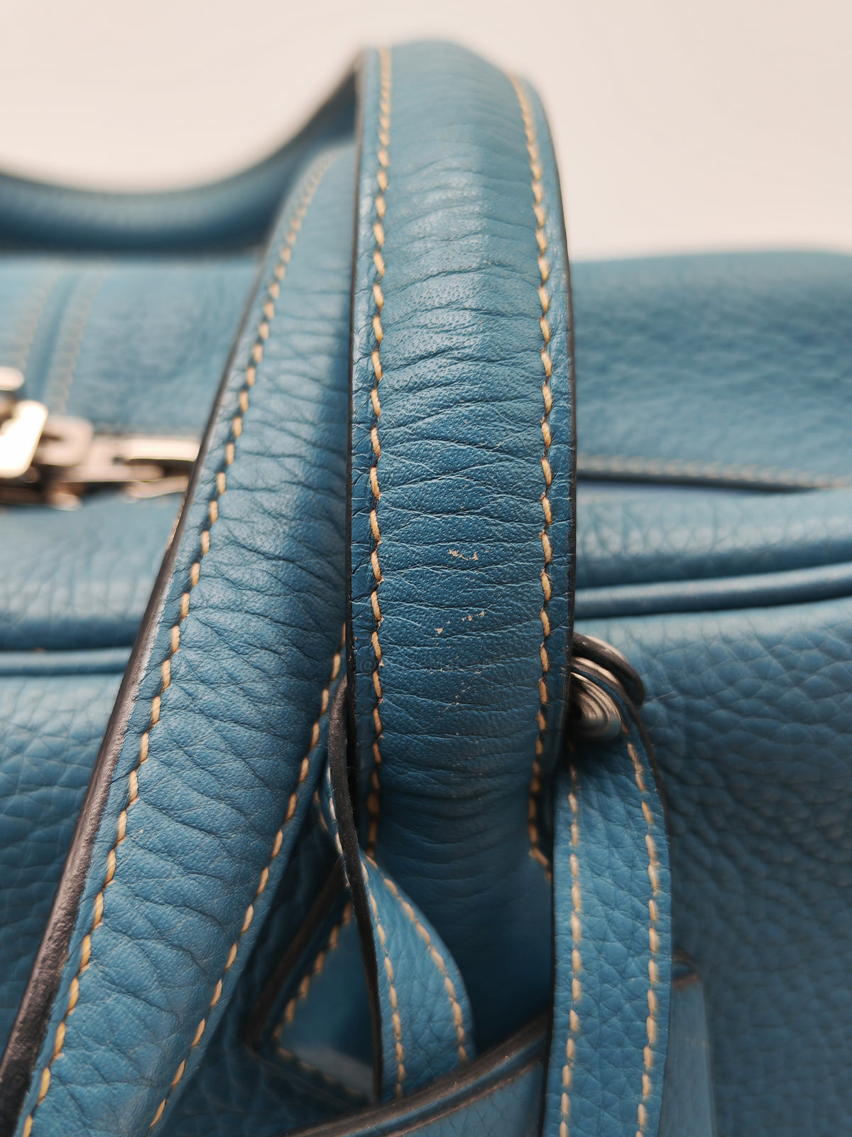 Hermes Victoria ll 35 Bag in Blue Jean Clemence Leather and Palladium Hardware Stamp Square K (2007)