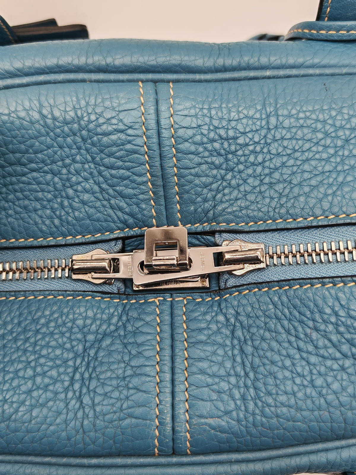 Hermes Victoria ll 35 Bag in Blue Jean Clemence Leather and Palladium Hardware Stamp Square K (2007)