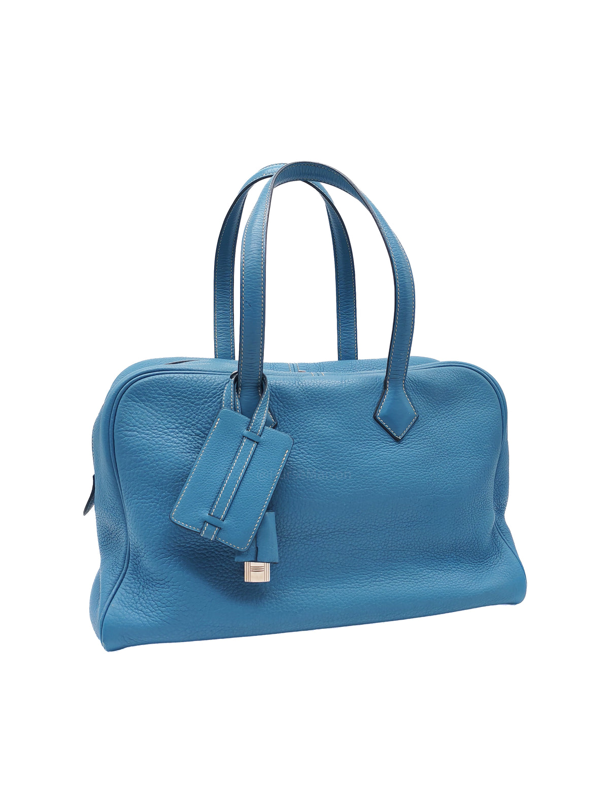 Hermes Victoria ll 35 Bag in Blue Jean Clemence Leather and Palladium Hardware Stamp Square K (2007)