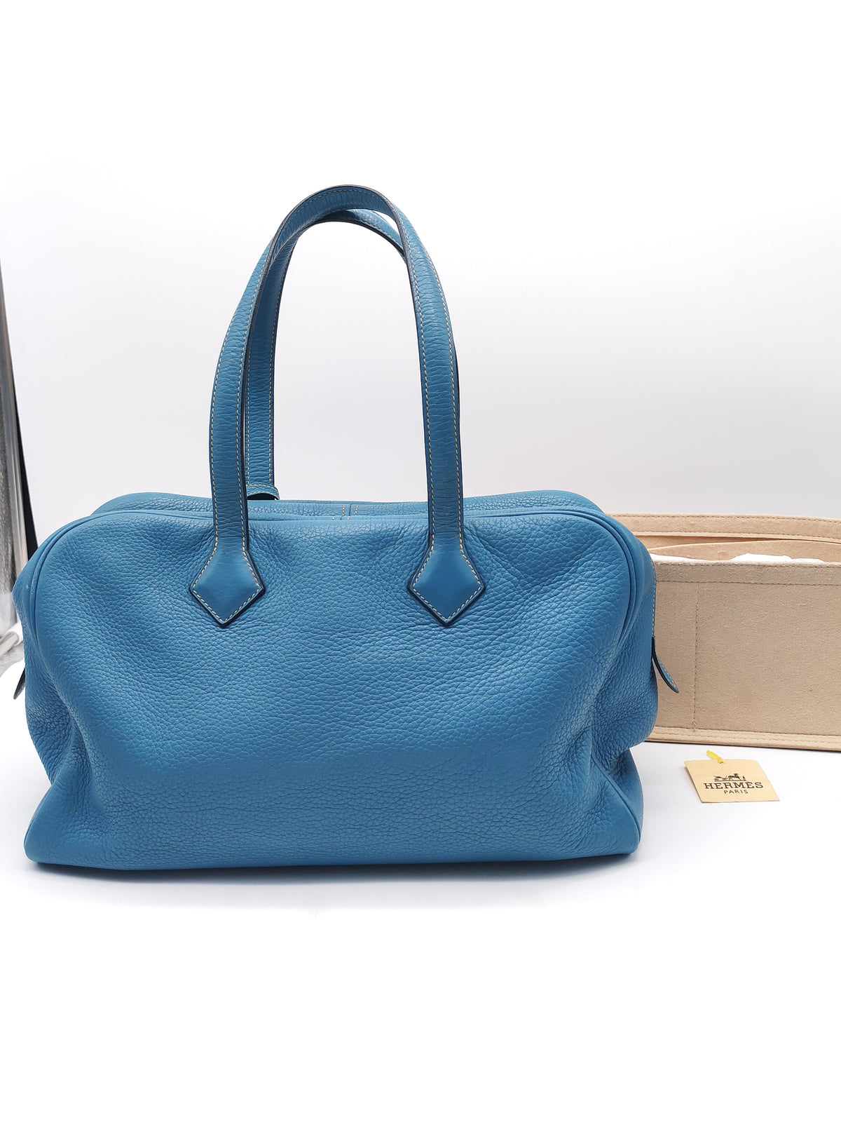 Hermes Victoria ll 35 Bag in Blue Jean Clemence Leather and Palladium Hardware Stamp Square K (2007)