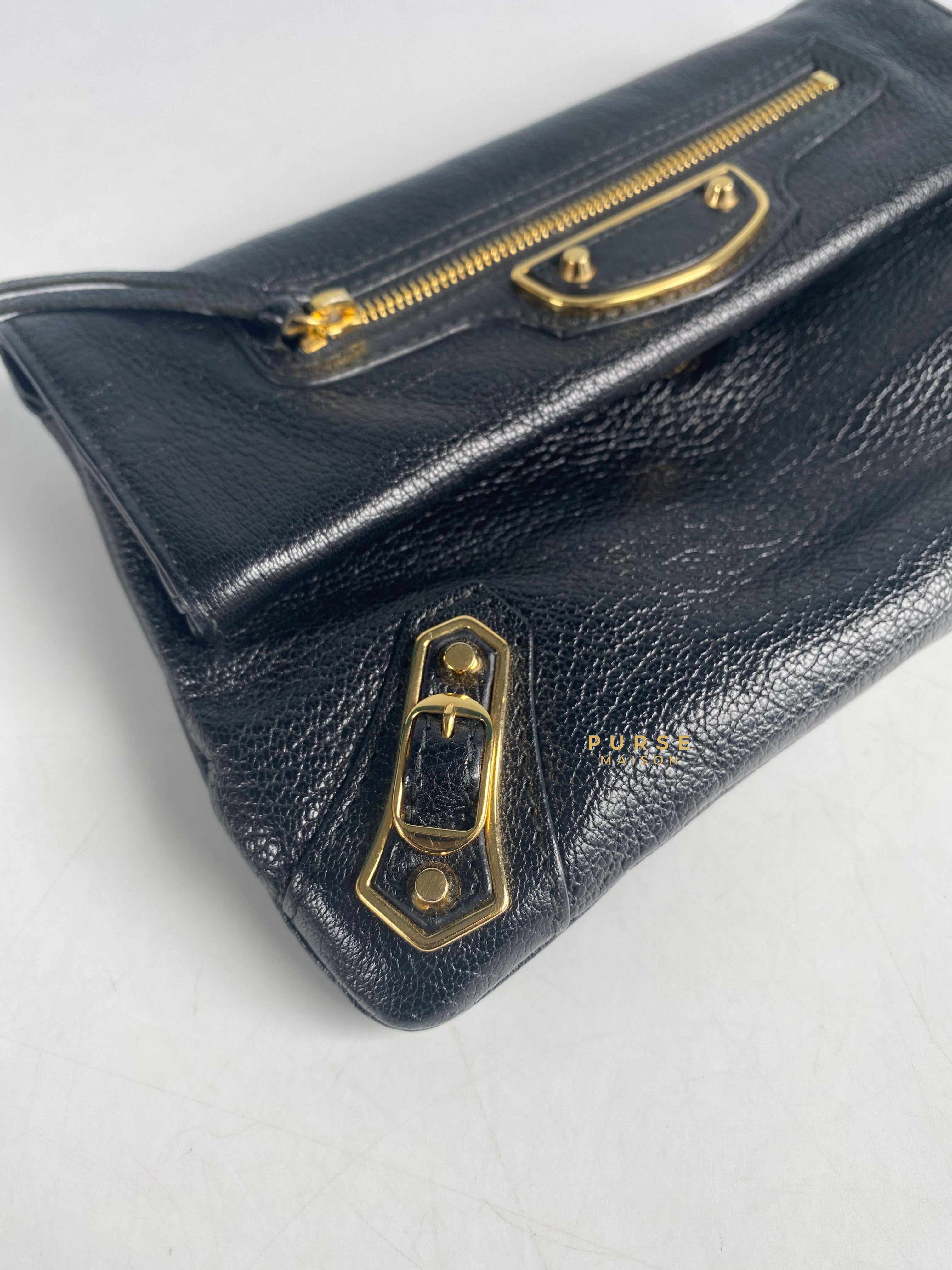 Balenciaga Metallic Edge Black Envelope Clutch with Strap Small | Purse Maison Luxury Bags Shop