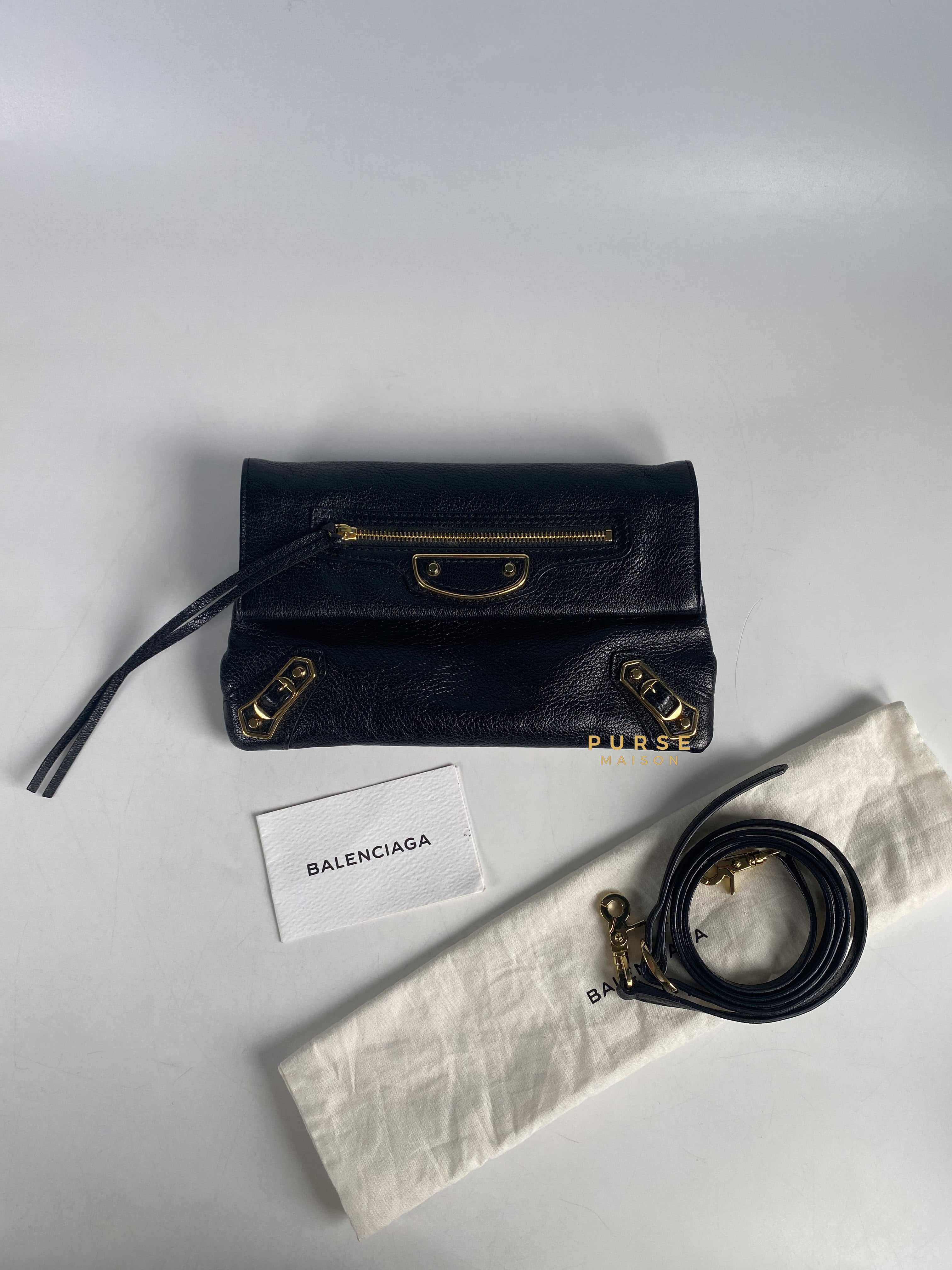 Balenciaga Metallic Edge Black Envelope Clutch with Strap Small | Purse Maison Luxury Bags Shop