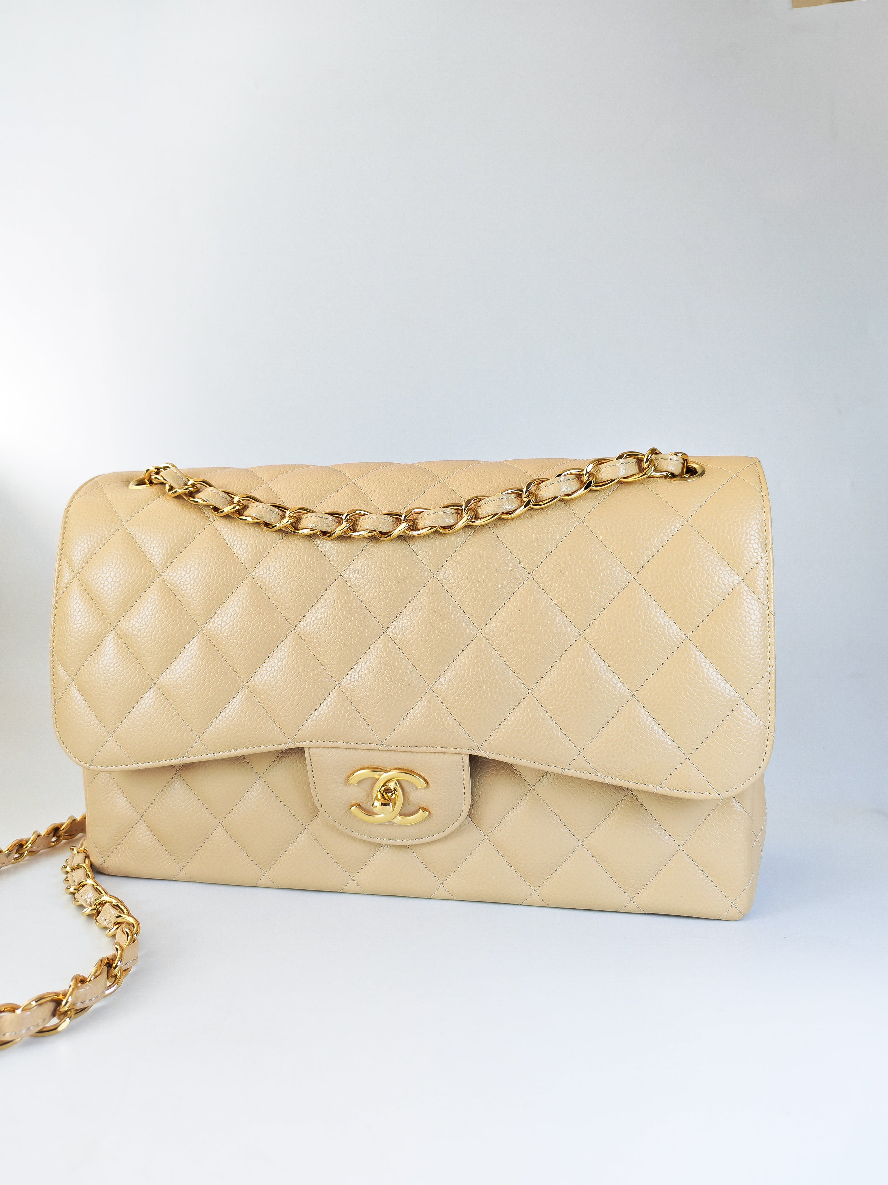 Classic Double Flap Jumbo in Beige Clair Caviar Leather and Gold Hardware (Microchip)