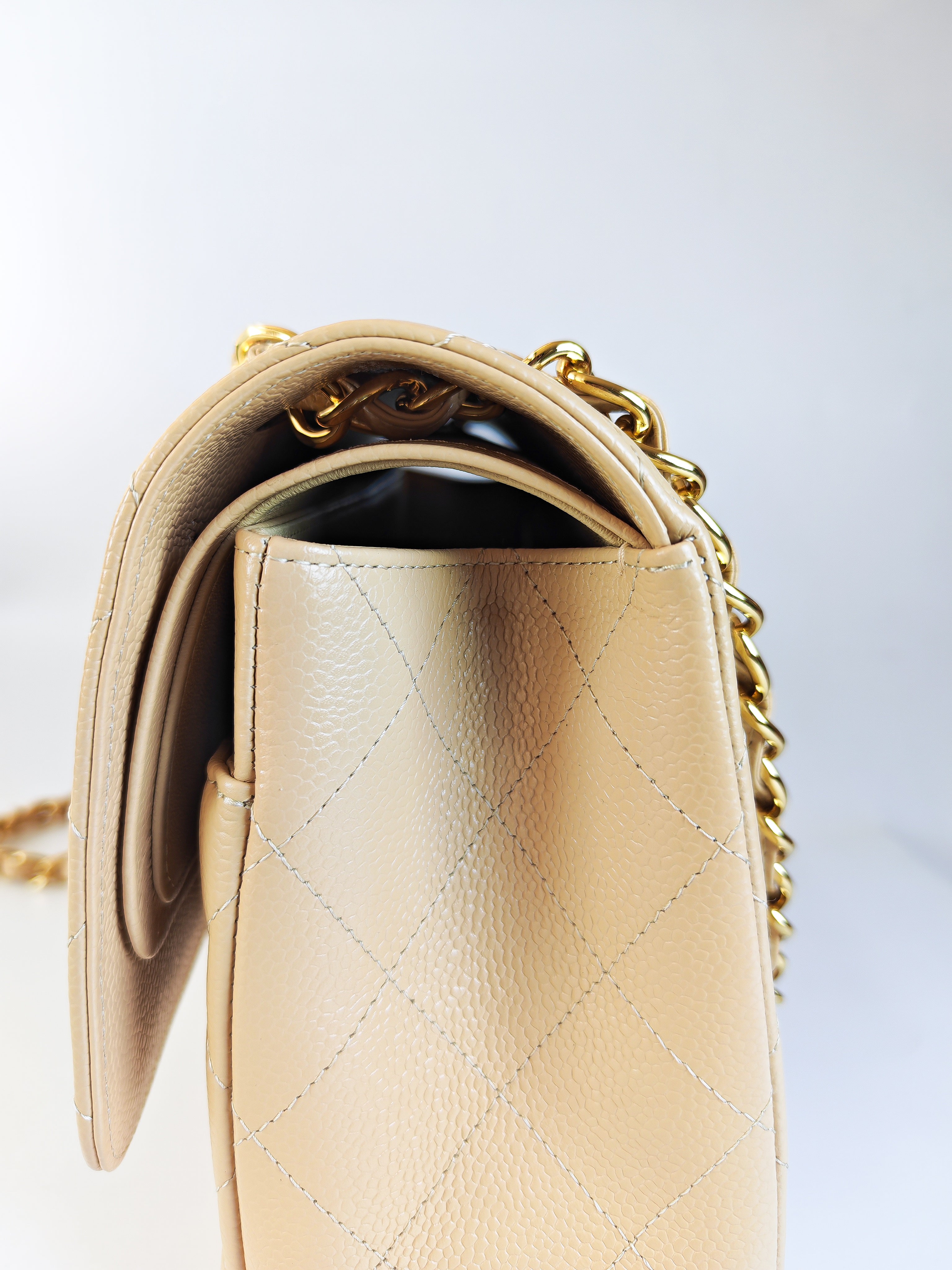 Classic Double Flap Jumbo in Beige Clair Caviar Leather and Gold Hardware (Microchip)