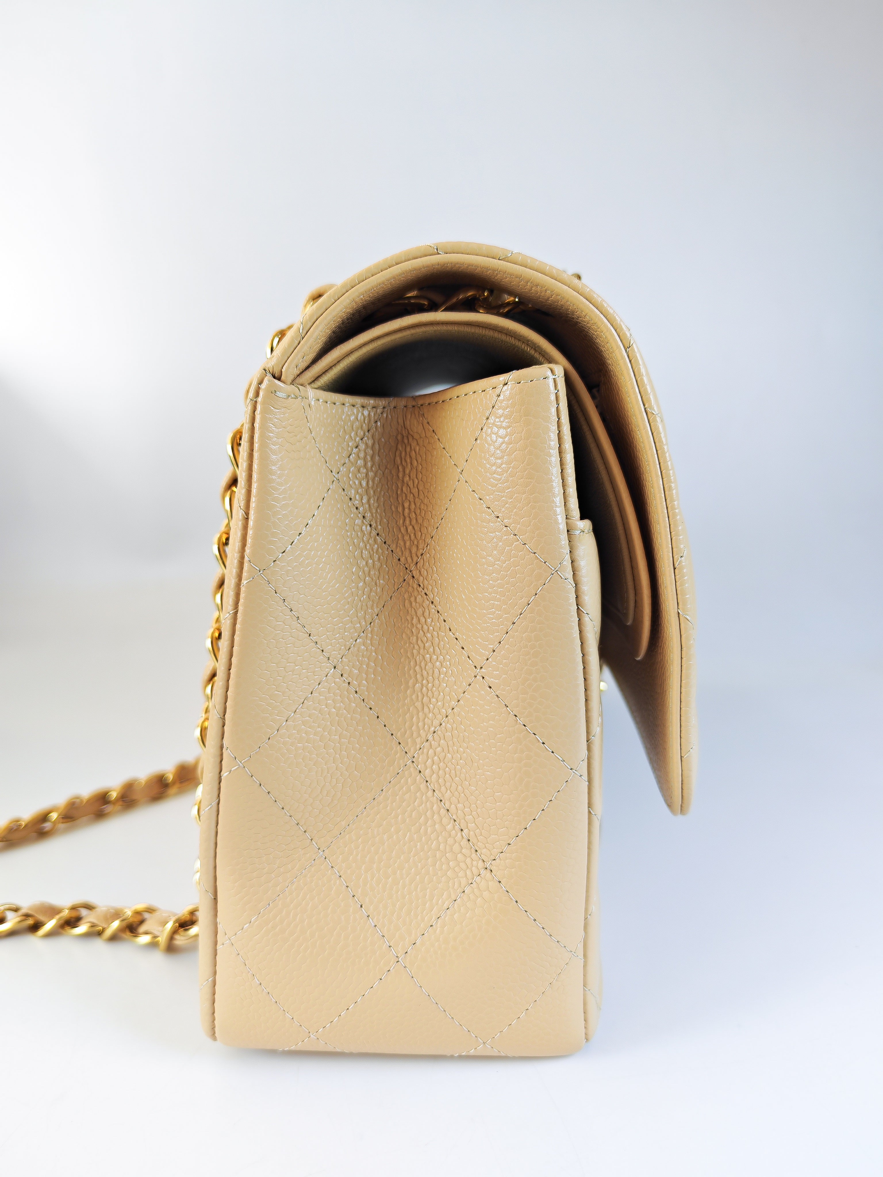 Classic Double Flap Jumbo in Beige Clair Caviar Leather and Gold Hardware (Microchip)
