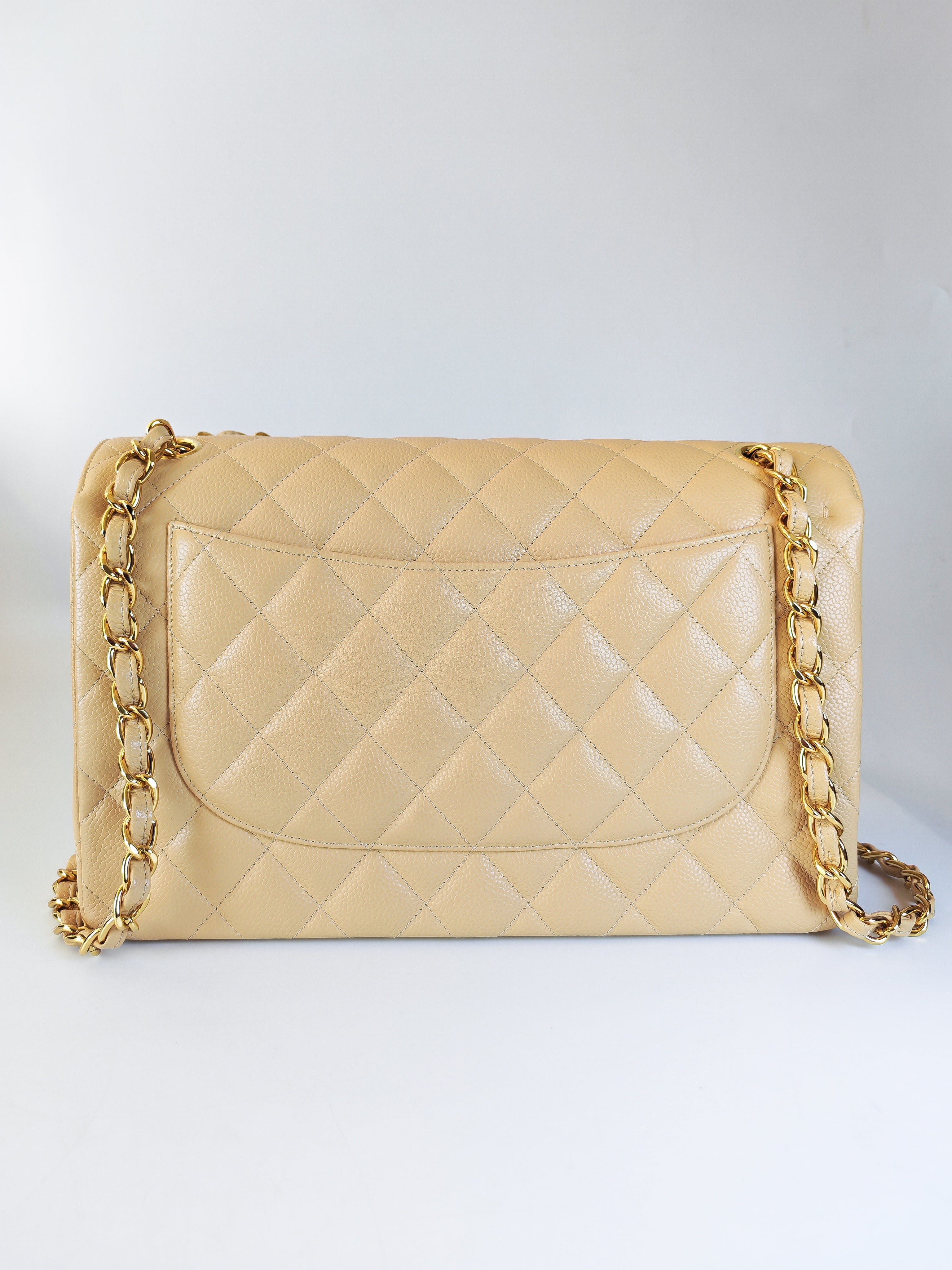Classic Double Flap Jumbo in Beige Clair Caviar Leather and Gold Hardware (Microchip)