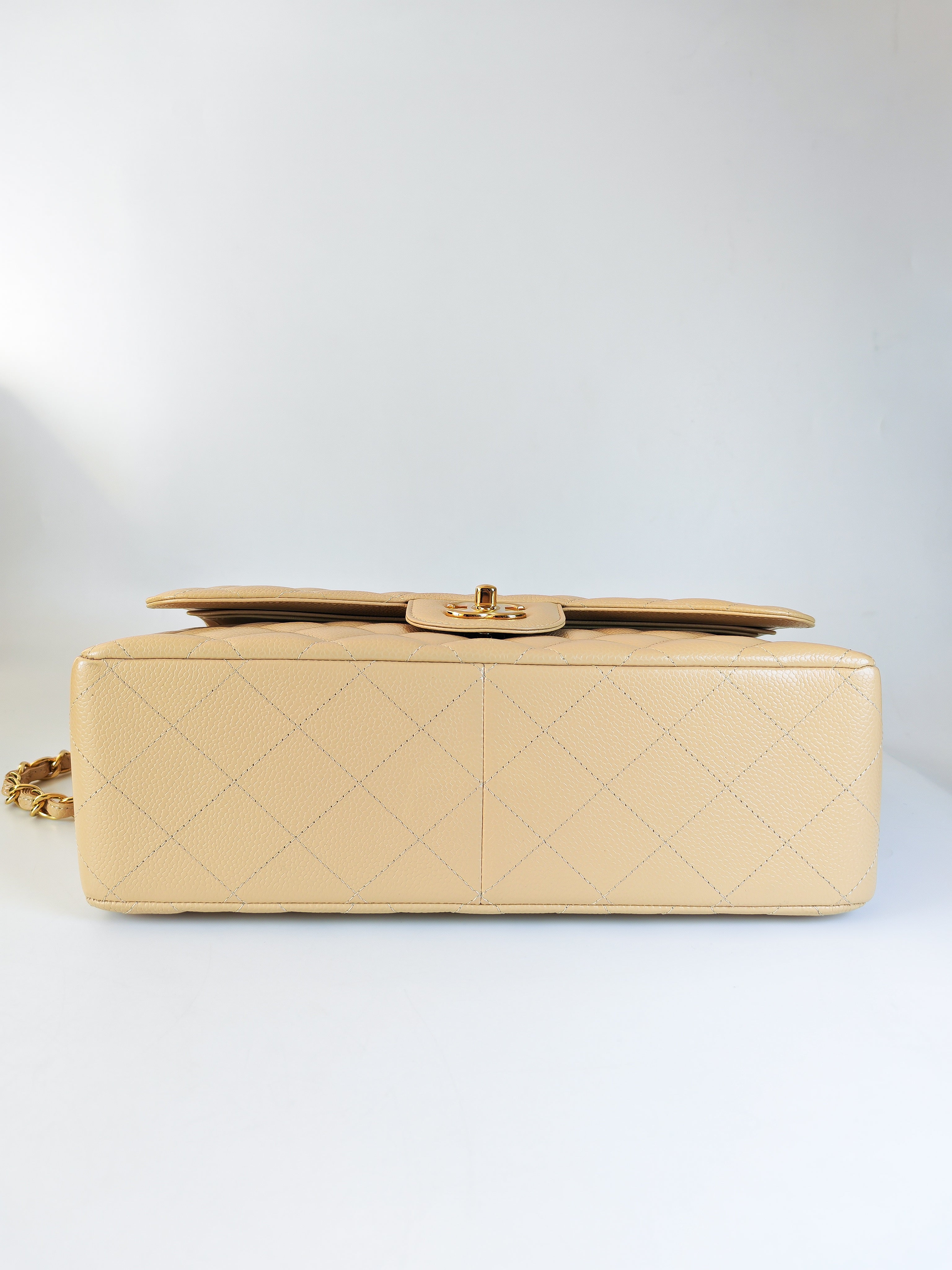 Classic Double Flap Jumbo in Beige Clair Caviar Leather and Gold Hardware (Microchip)