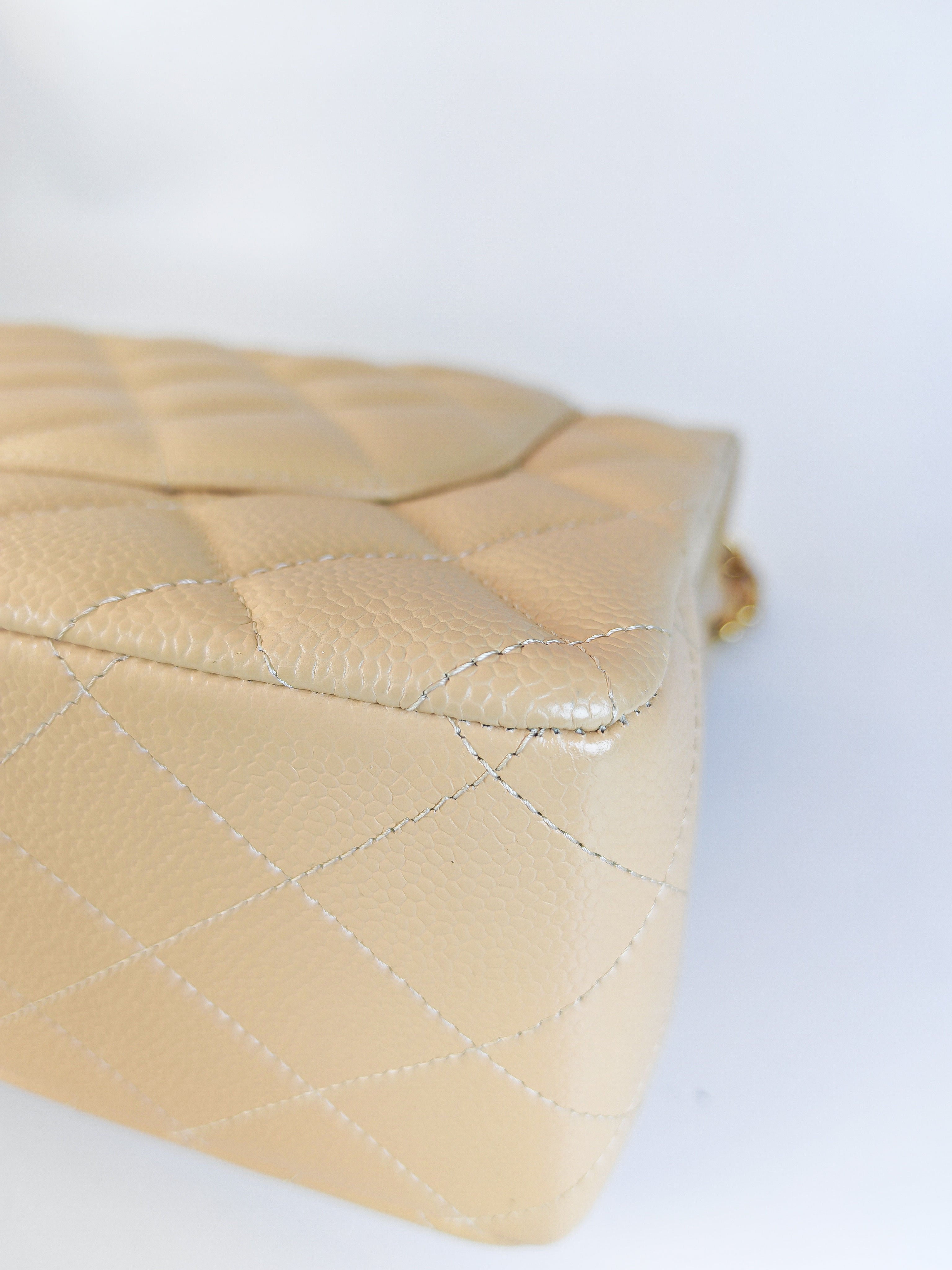 Classic Double Flap Jumbo in Beige Clair Caviar Leather and Gold Hardware (Microchip)