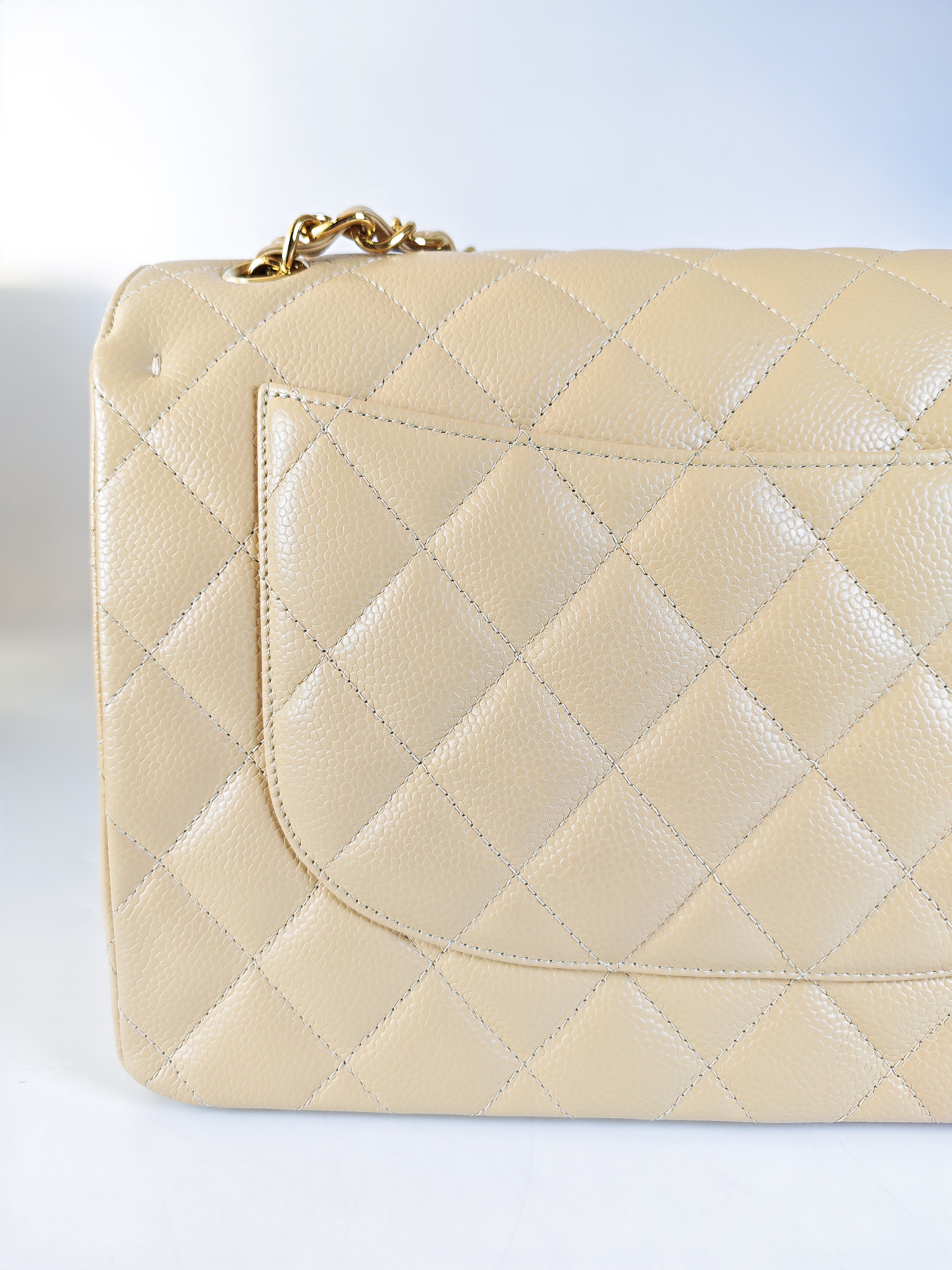 Classic Double Flap Jumbo in Beige Clair Caviar Leather and Gold Hardware (Microchip)