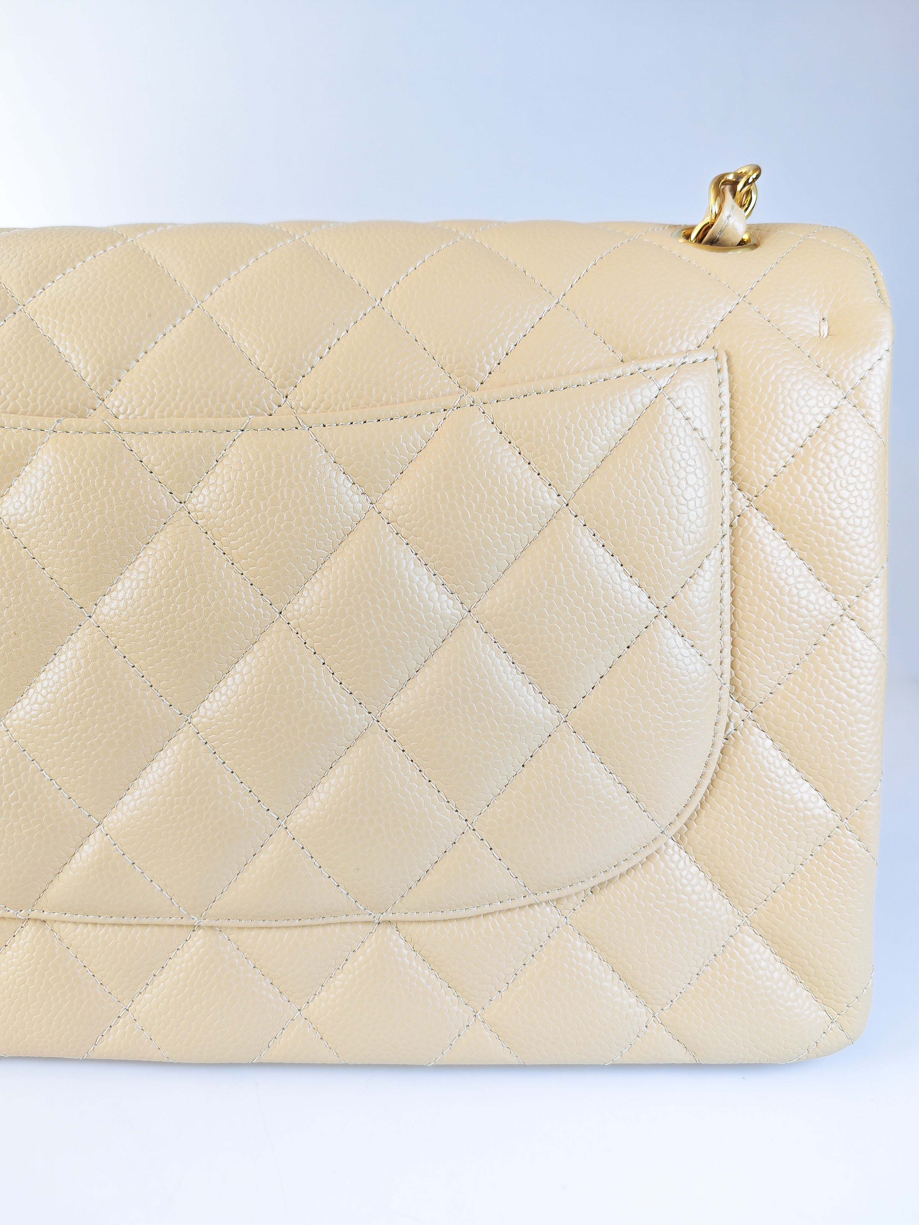 Classic Double Flap Jumbo in Beige Clair Caviar Leather and Gold Hardware (Microchip)