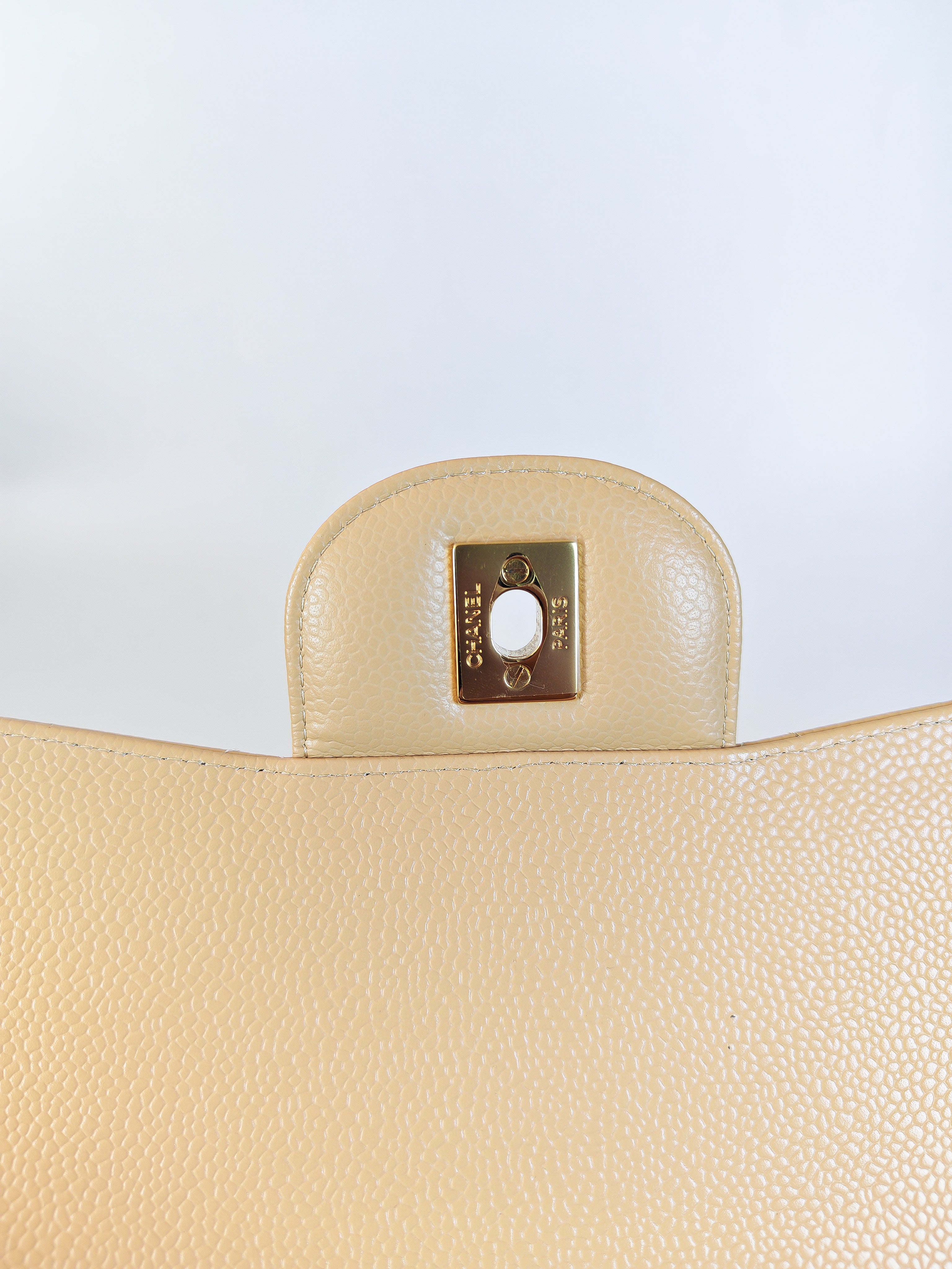 Classic Double Flap Jumbo in Beige Clair Caviar Leather and Gold Hardware (Microchip)
