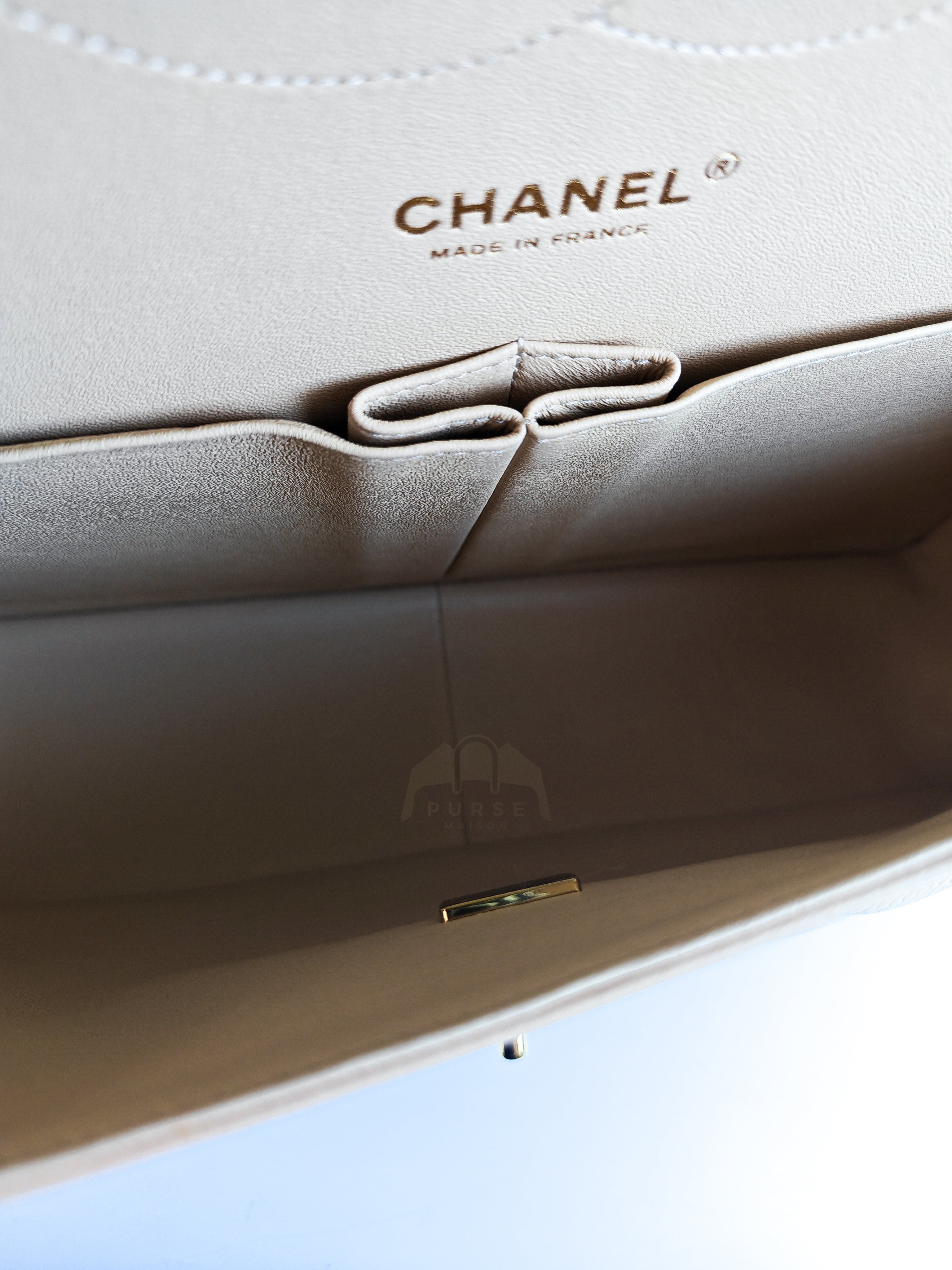 Classic Double Flap Jumbo in Beige Clair Caviar Leather and Gold Hardware (Microchip)