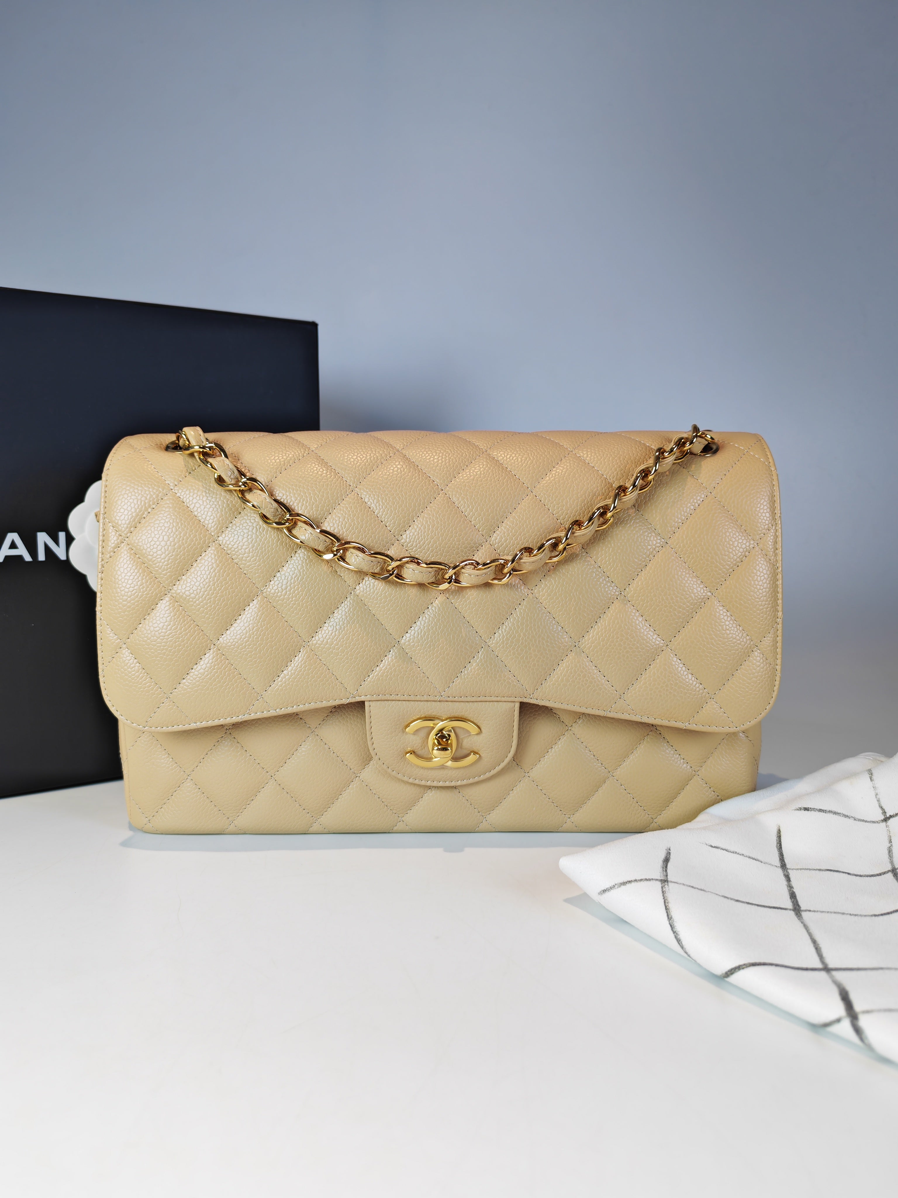 Classic Double Flap Jumbo in Beige Clair Caviar Leather and Gold Hardware (Microchip)