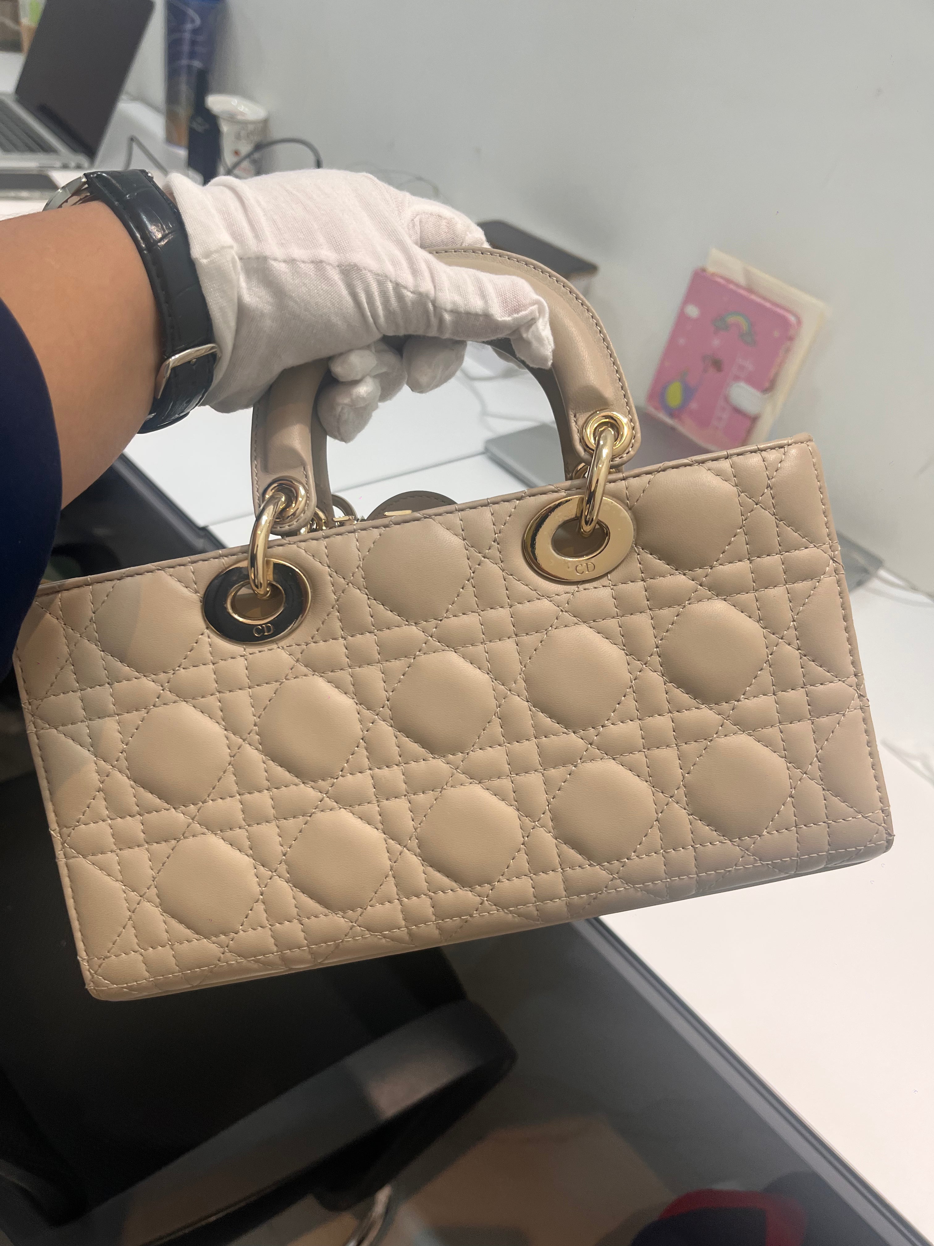 Christian Dior Lady D-Joy Medium in Taupe Cannage Lambskin Leather Light Gold Hardware