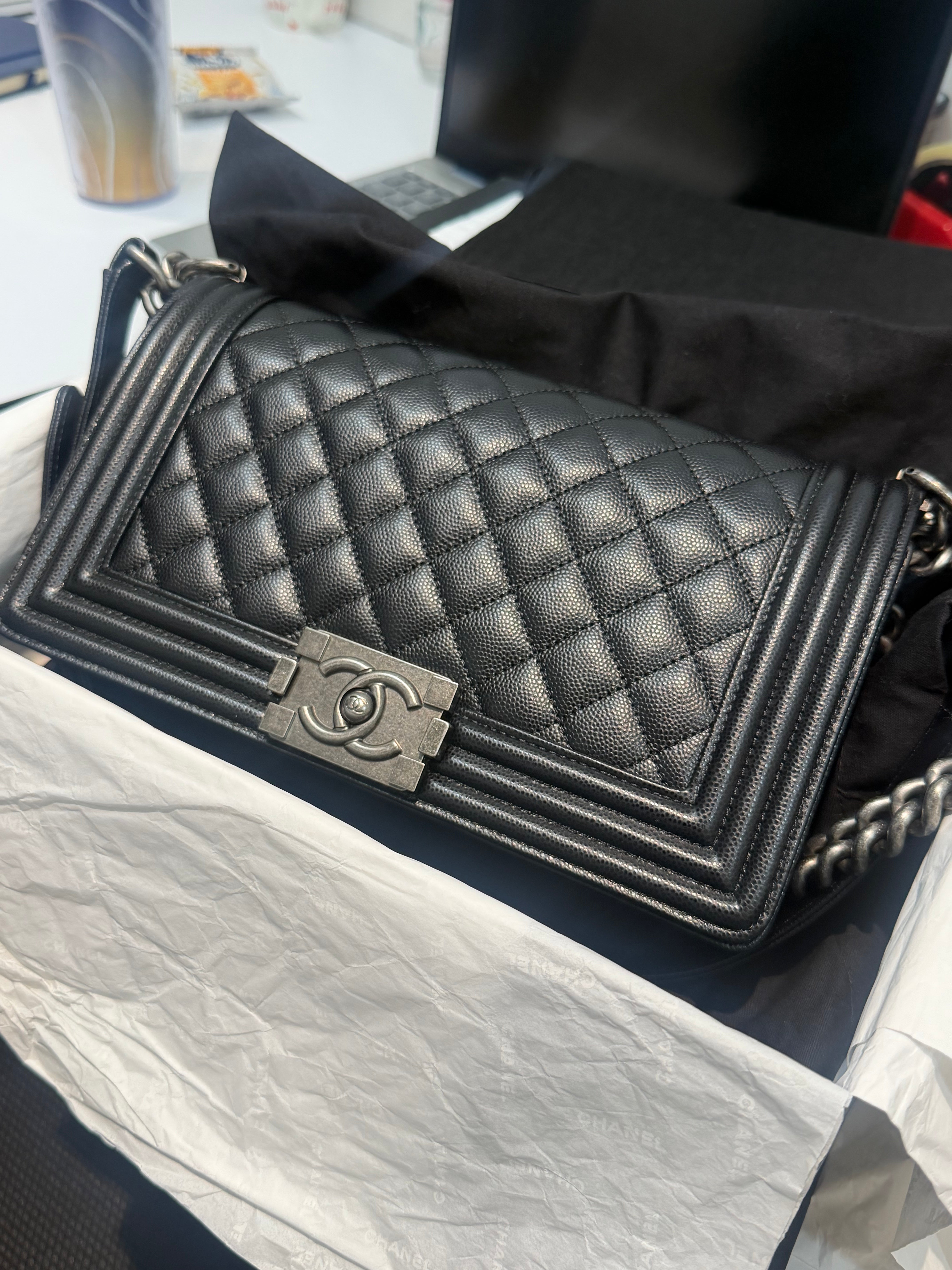 Chanel Boy Old Medium in Black Caviar Leather and Ruthenium Hardware Series 28