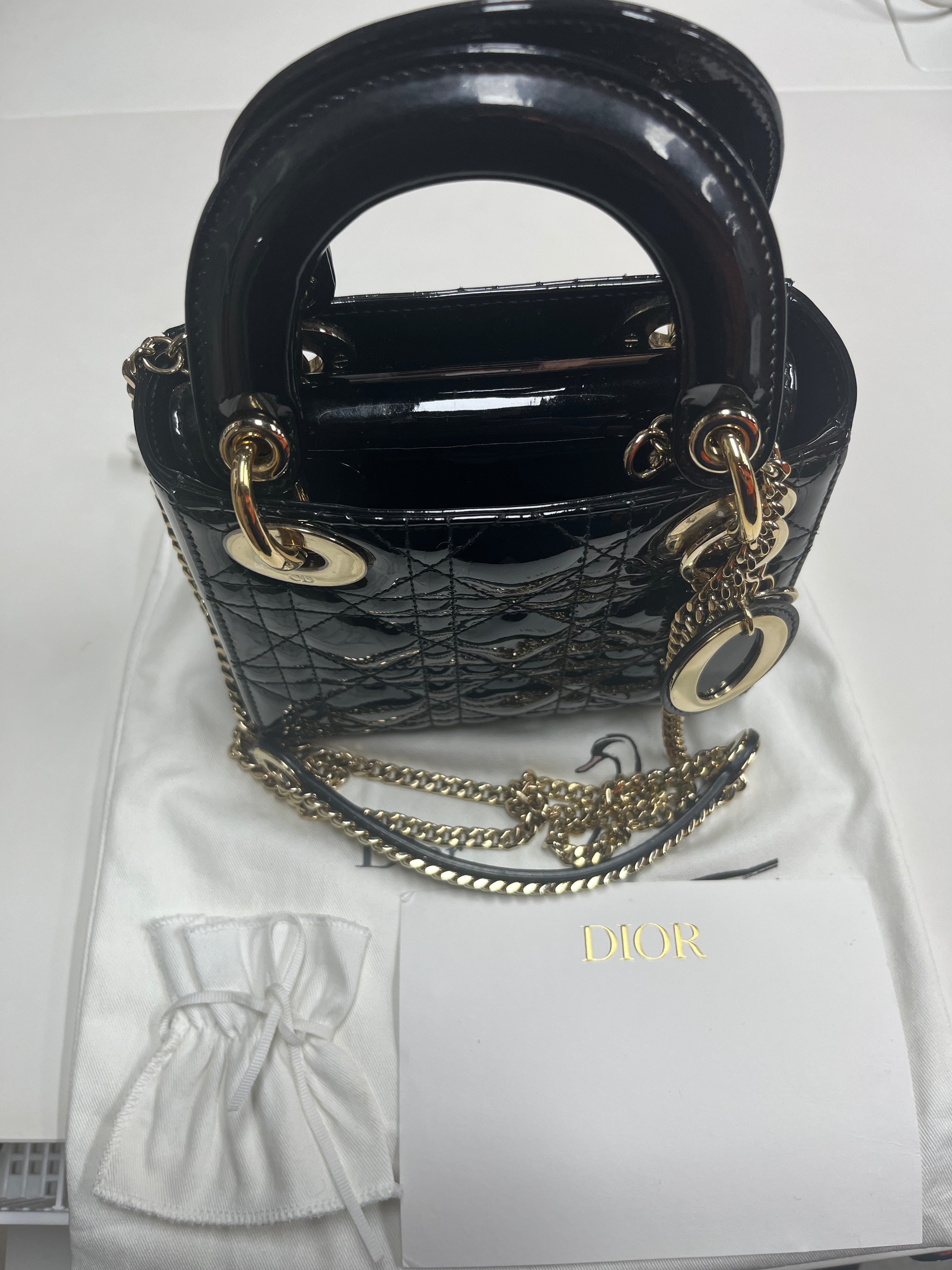 Christian Dior Lady Dior Mini Bag in Black Patent Leather Light Gold Hardware