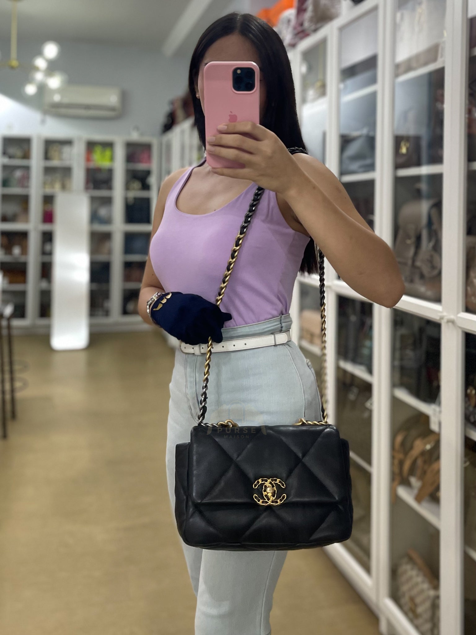 19 Small in Black Quilted Goatskin Leather and Mixed Hardware Series 31