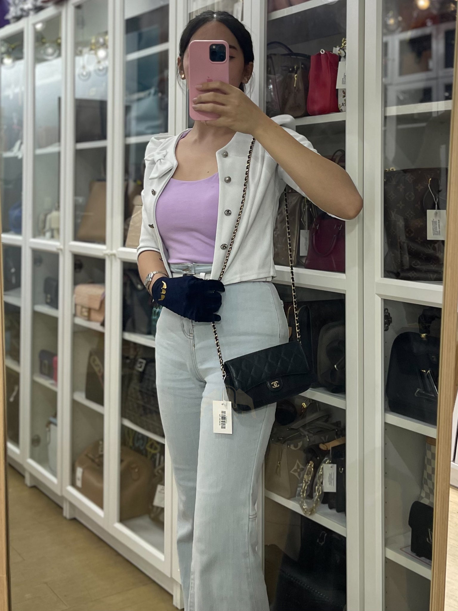 Flap Phone Holder in Black Caviar Leather Light Gold Hardware (Microchip)