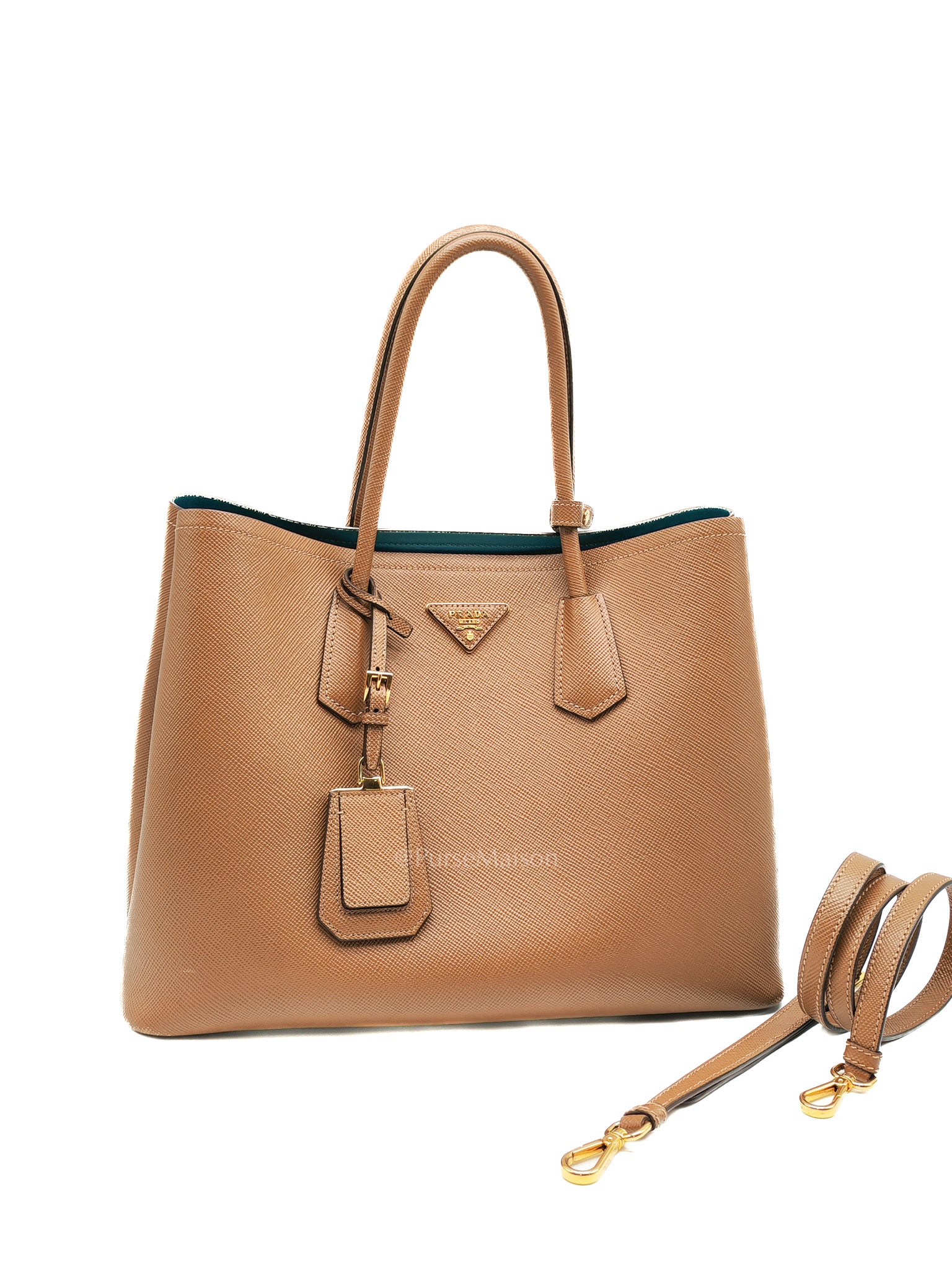 1BG756 Double Bag Large in Tan Saffiano Cuir Leather Shoulder Bag