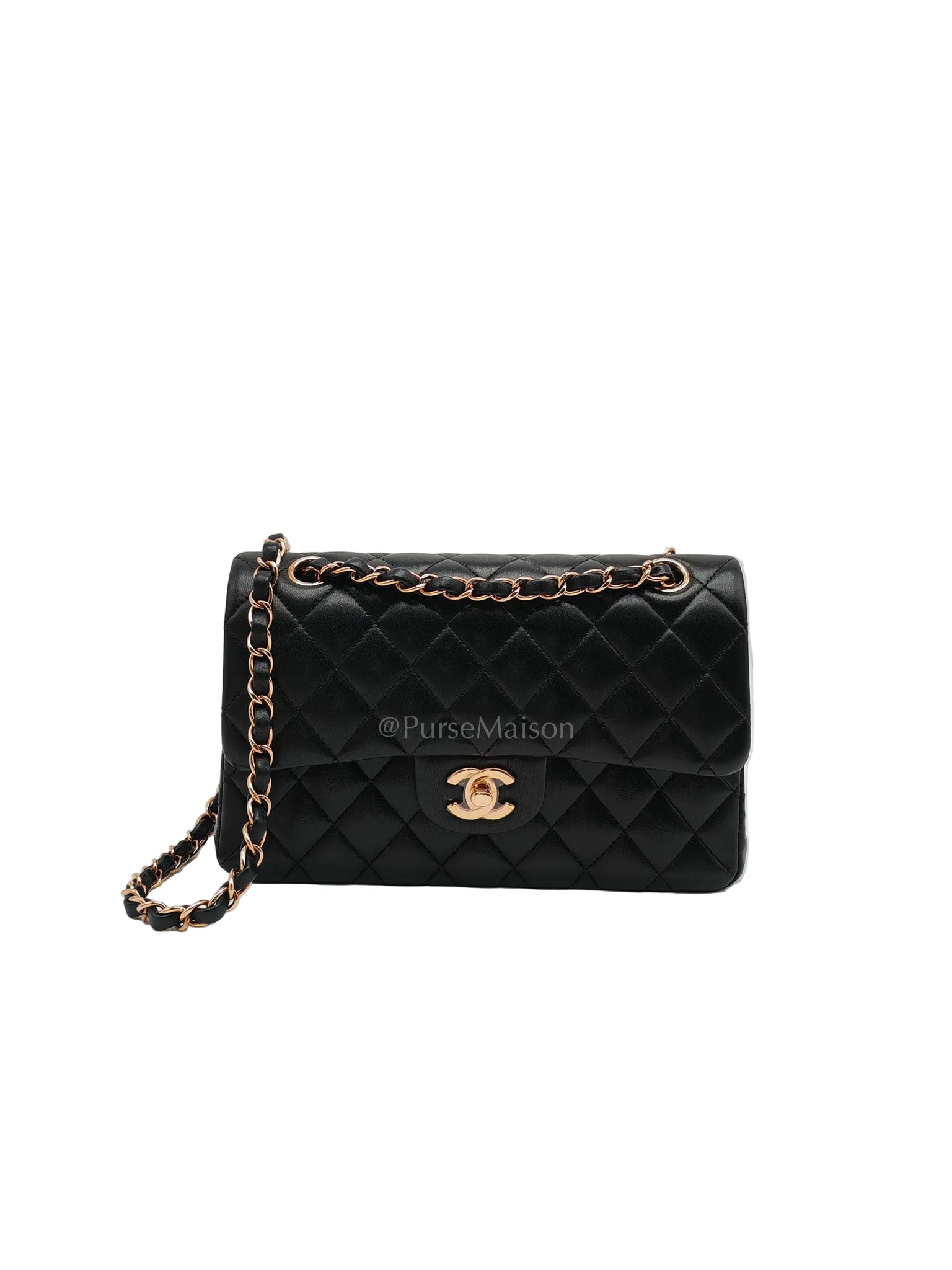 Classic Double Flap Small in Black Quilted Lambskin Leather & Rose Gold Hardware Microchip