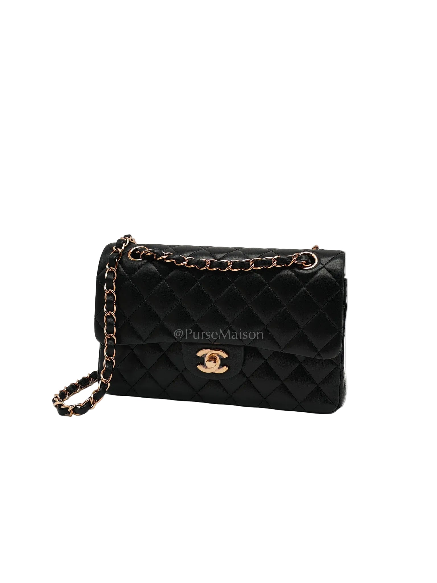 Classic Double Flap Small in Black Quilted Lambskin Leather & Rose Gold Hardware Microchip