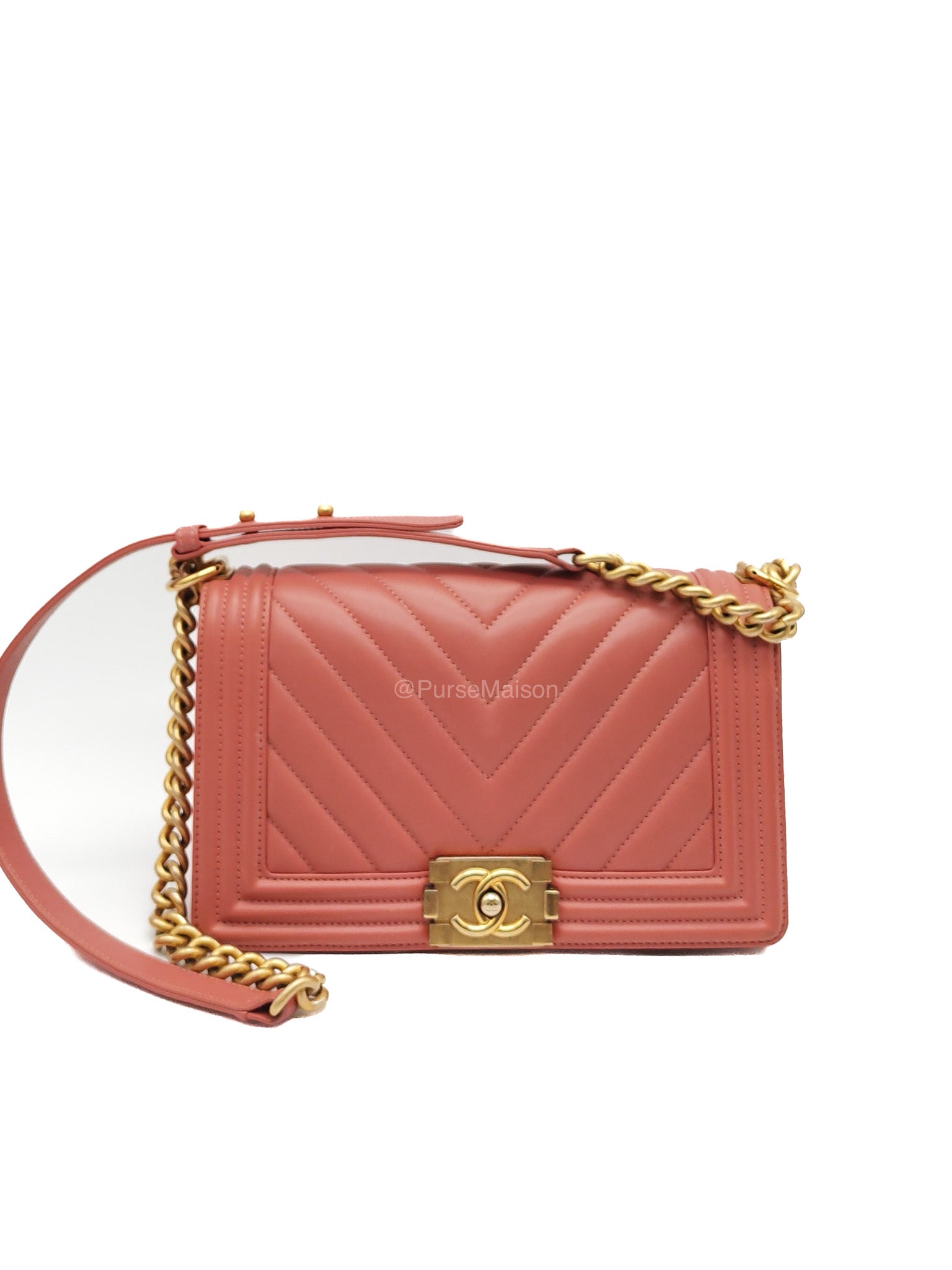 Chanel Boy Old Medium in Salmon Pink Chevron Calfskin Leather and Aged Gold Hardware Series 28